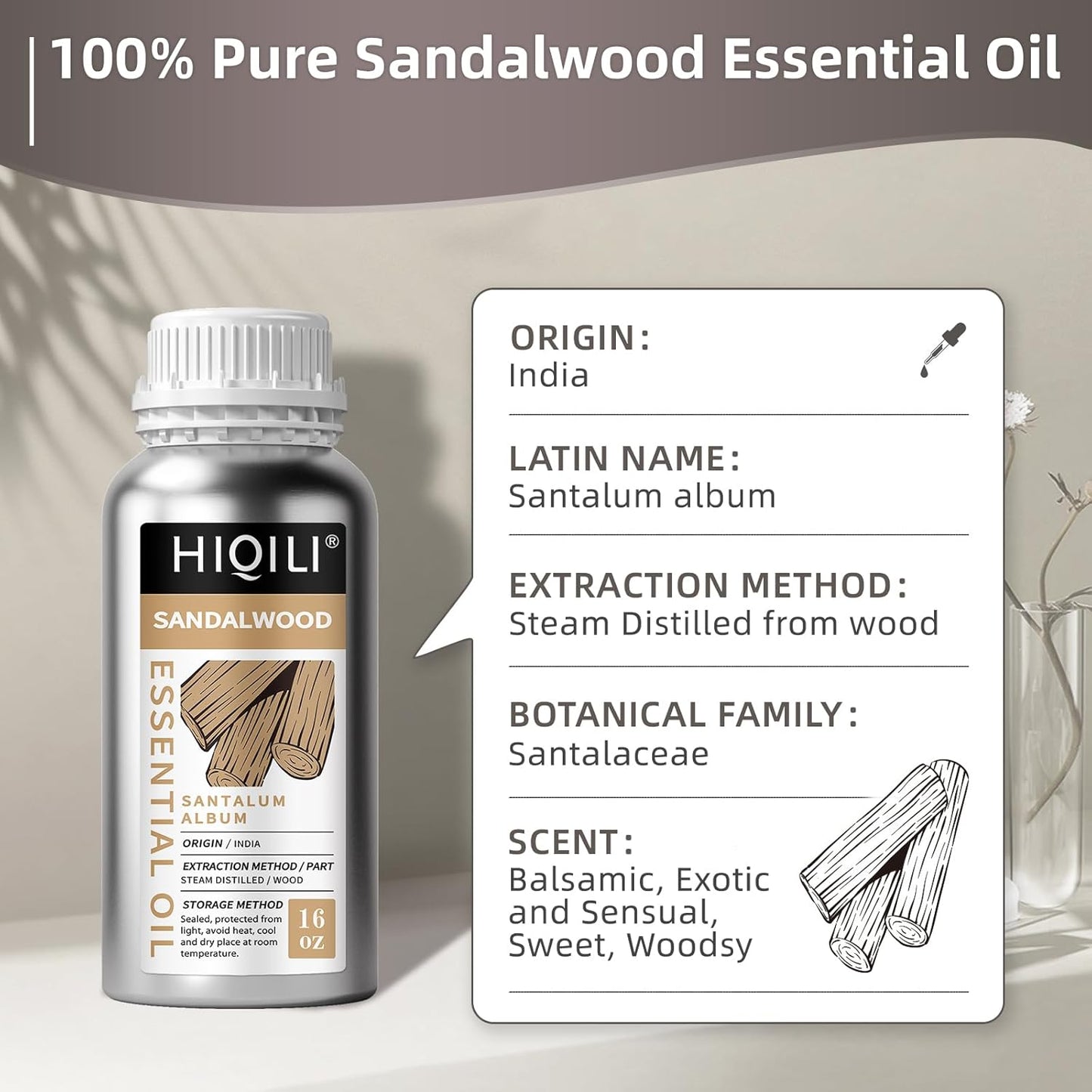 HIQILI Sandalwood Essential Oils, Long-Lasting Scent for Perfume, Diffuser, Soap Making & Candle- 16 Fl Oz