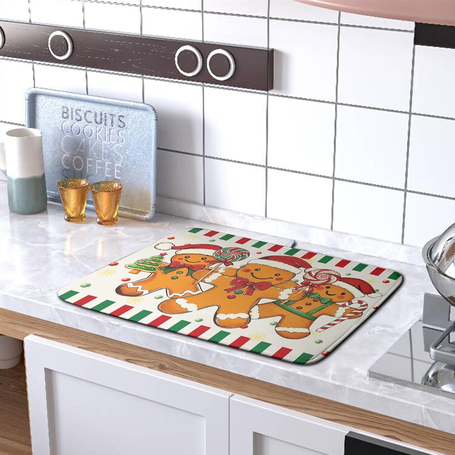 Christmas Dish Drying Mat Gingerbread Man Candy Cane Xmas Tree Drying Mats for Kitchen Counter Winter Holiday Dish Drainer Pad Absorbent Microfiber Dish Draining Mat 16x18 Inch