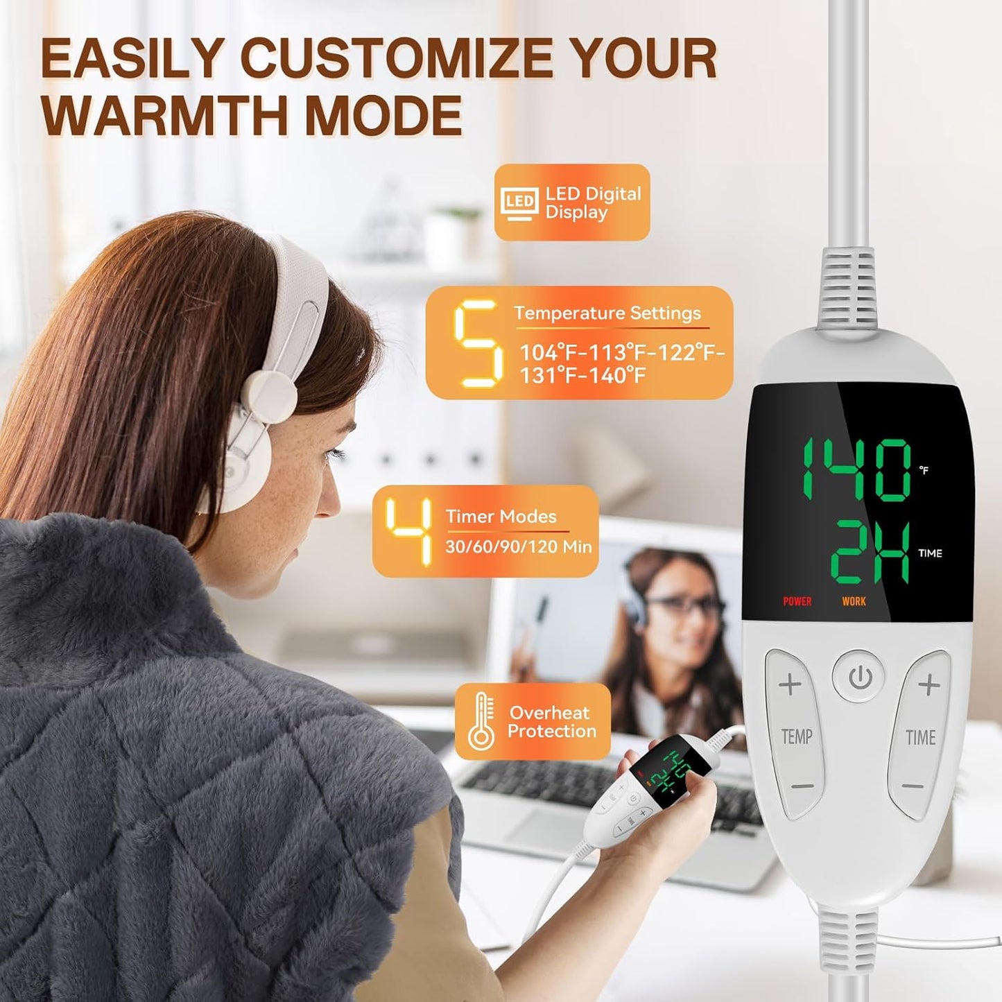 Heating Pad for Neck and Shoulders and Back, XHBDXDP 3.1lb Weighted Shoulder Heating Pads for Pain Relief, 24 x 20″ Neck Heating Pad with Tourmaline Beads, 5 Heat Settings, 4 Auto-Off