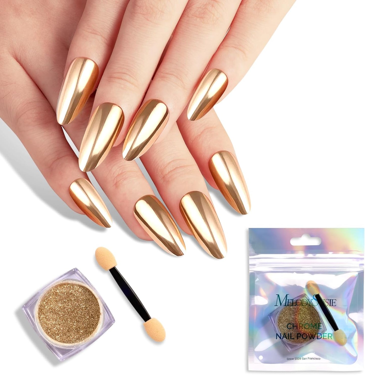 MelodySusie Champagne Gold Chrome Nail Powder for Gel Nails,Metallic Mirror Effect Pigment Stylish and Technological Fine Glitter for Home DIY Salon Use