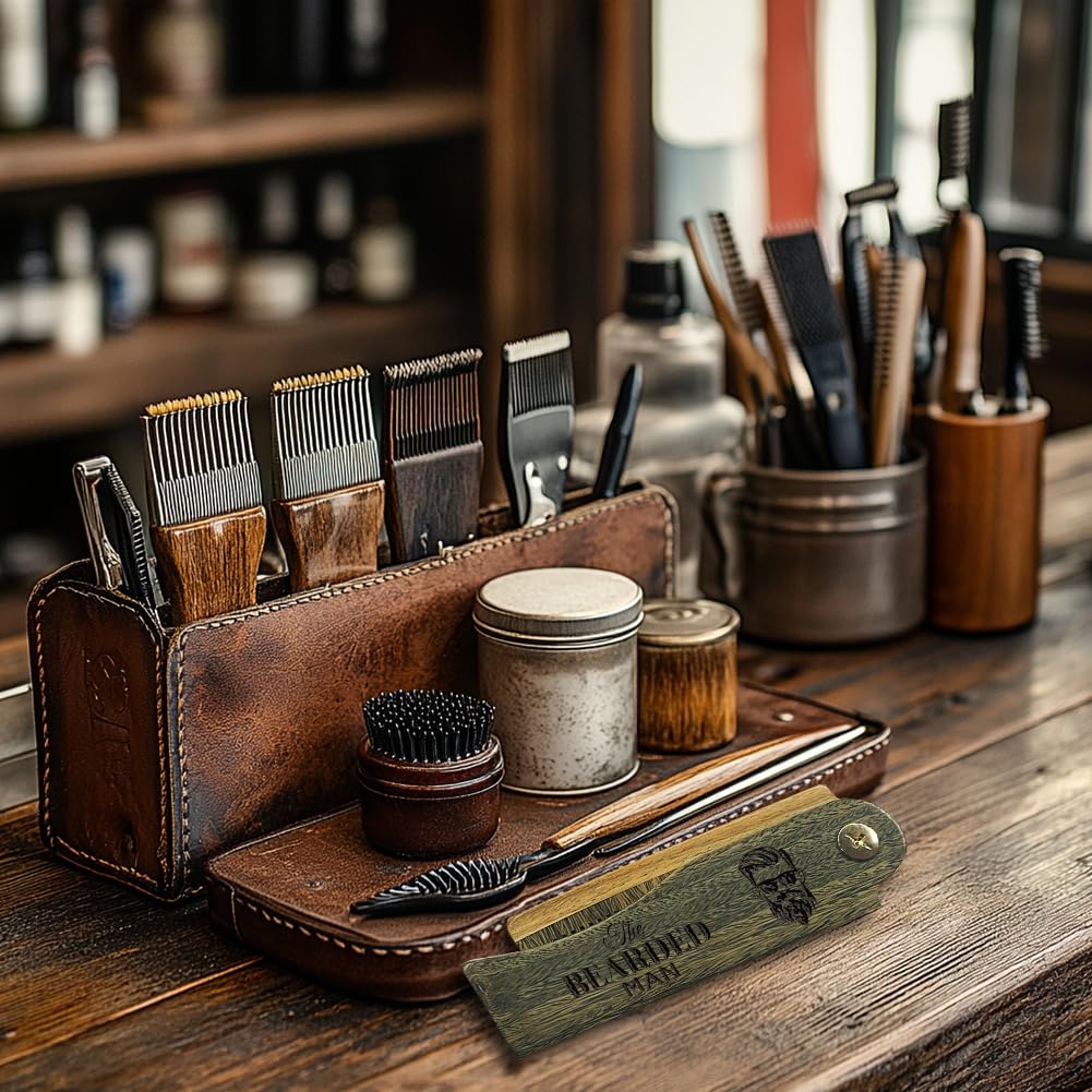 CHGCRAFT The Beard Man Folding Wooden Comb Foldable Beard Combs Carved Wooden Comb Fine Tooth Hair Combs with Imitation Leather Carrying Pouch for Men Grooming Mustaches Head Hair Husband Gift