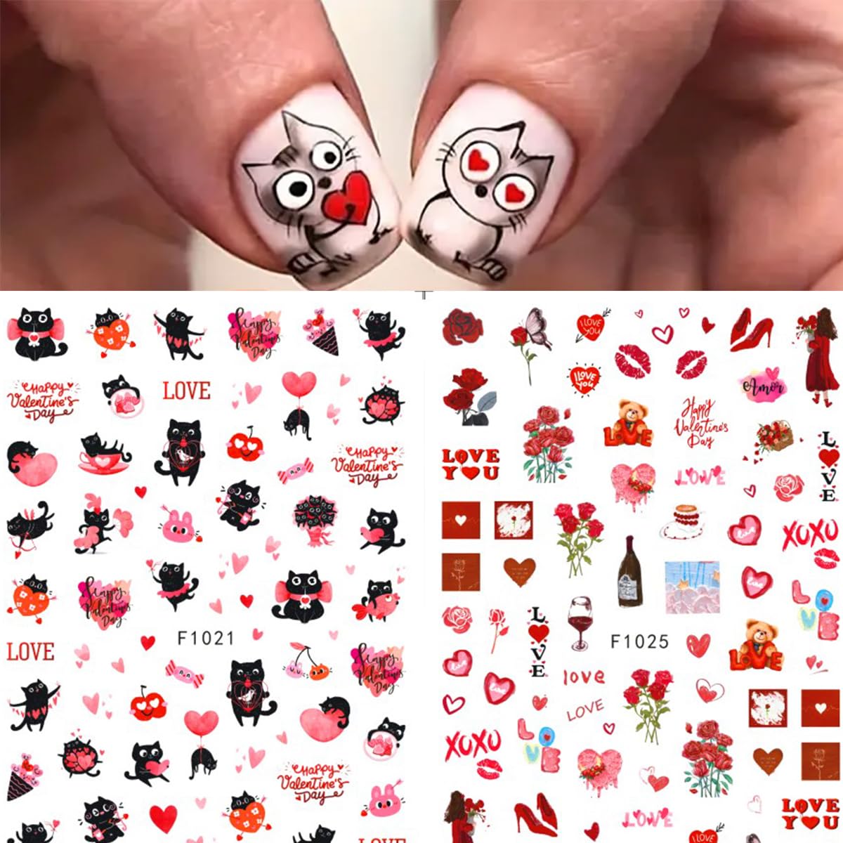 10 Sheets Valentines Day Nail Art Stickers 3D Heart Nail Decals Self-Adhesive Nail Art Design Decals Nail Supplies Red Pink Rose Sexy Lips Love Gnome Nail Stickers for Women DIY Manicure Decoration