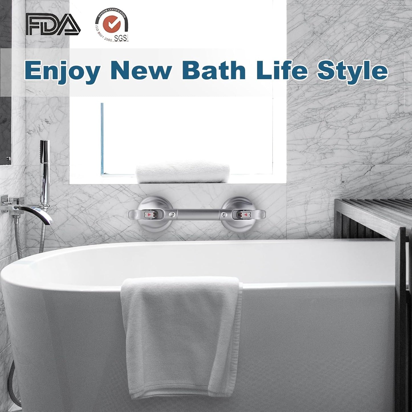 Heavy Duty Suction Shower Grab Bar - Toilet Bathroom Bathtub Safety - Shower Handles, Suction Cup Power Up to 250 LB, Perfect for Elderly Seniors(14.5 Inch, Gray Silver) h, Gray Silver