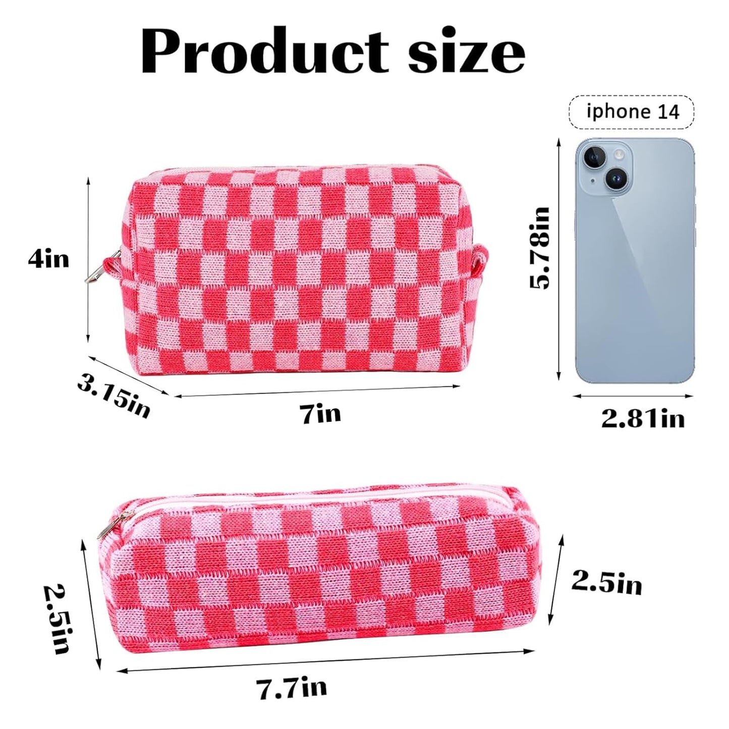 2Pcs Checkered Pencil Case Cute Pencil Pouch for Teens Checkered Makeup Bag Travel Cosmetic Bag Set Cute Makeup Pouch for Purse Portable Zippered Skincare Bags Preppy Toiletry Bags Organizer(Pink)
