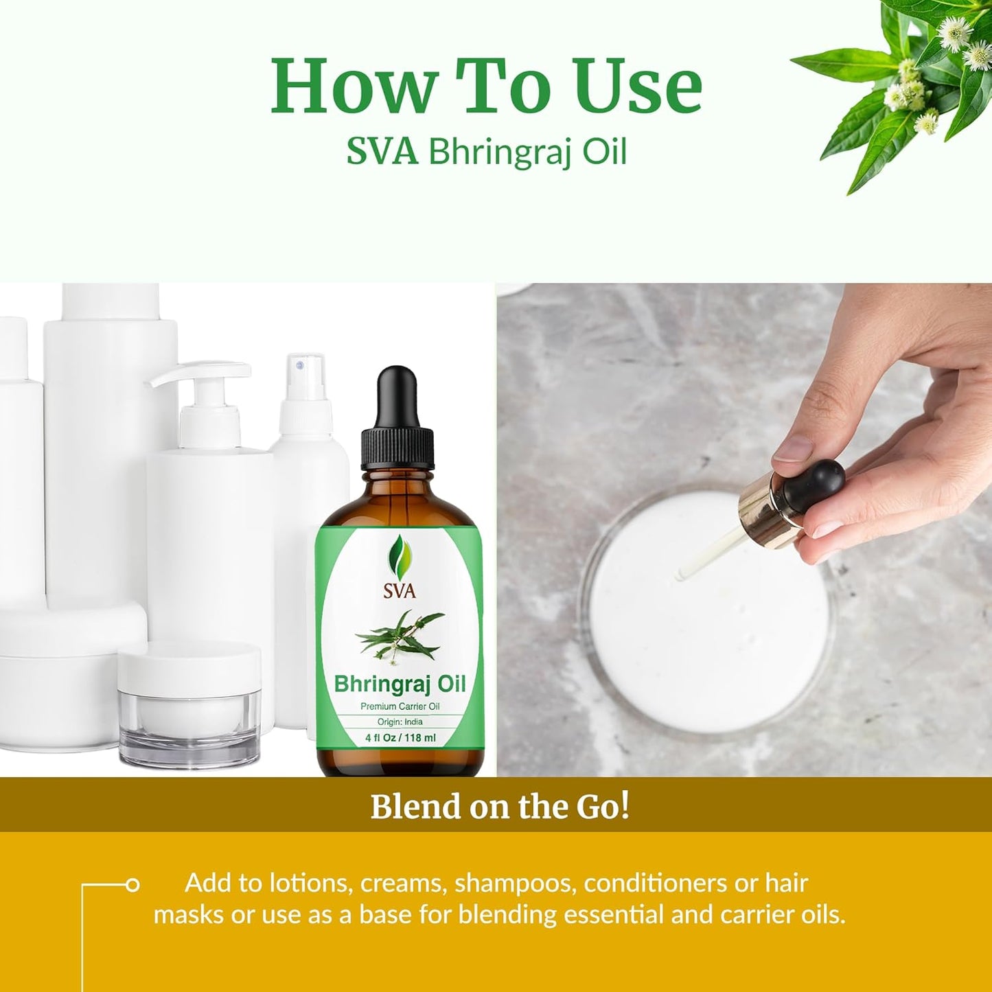 SVA Bhringraj Premium Carrier Oil 4oz (118ml) With Dropper for Hair Oiling, Scalp Massage & Skin Care