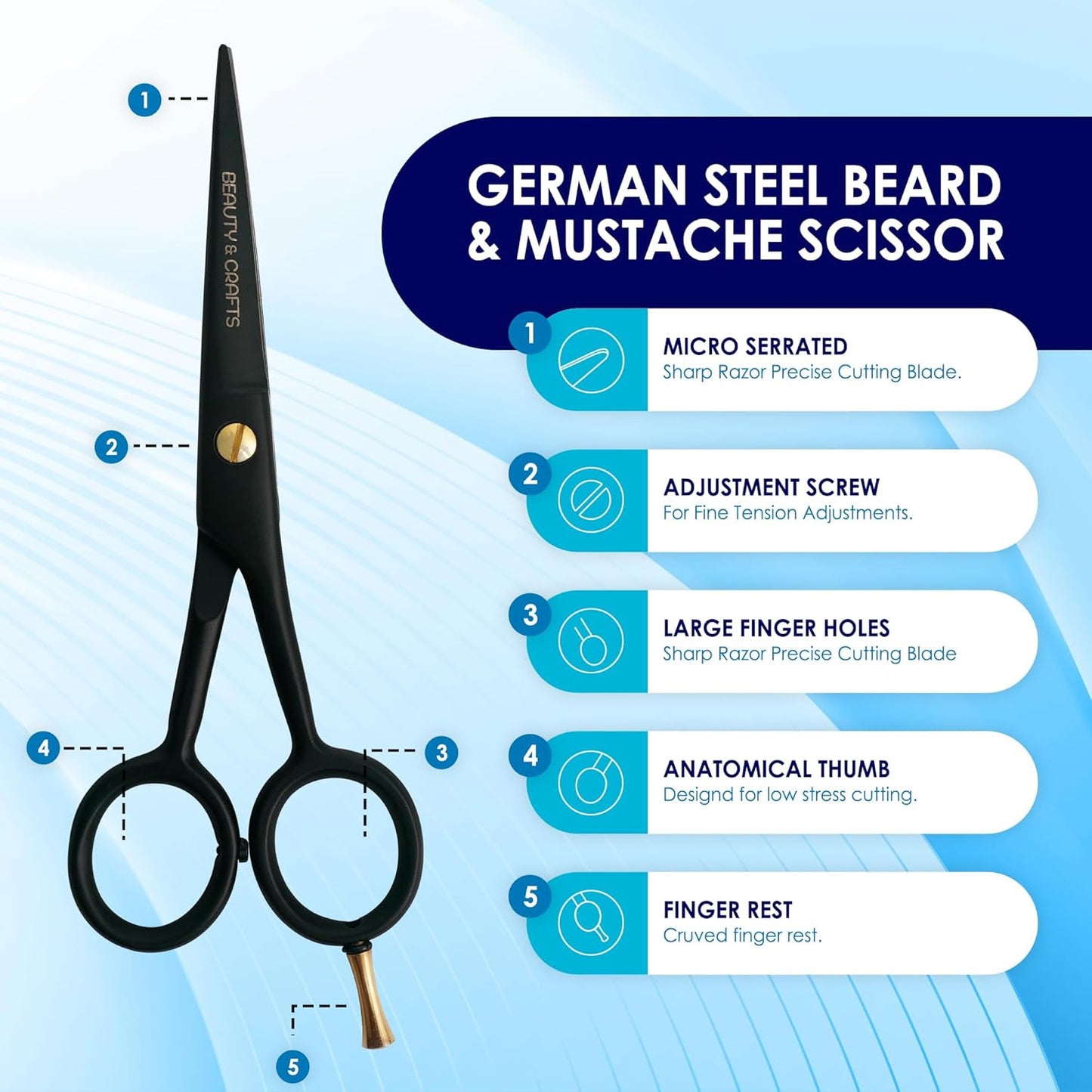 5'' Professional German Beard Scissors for Men- 2 Mustache Combs for Facial Hair with Beautiful Pouch & Tweezer - Mustache Scissors for Men Grooming, Cutting, Styling-Mustache Trimmer