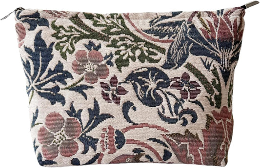 Floral Makeup Bag for Women, Make Up Bag for Purse, Thick Chenille Flower Cosmetic Bag, Makeup Pouch with Zipper Lining, Pouch Bag for Travel Daily Use Storage Gift, Makeup Zipper Pouch