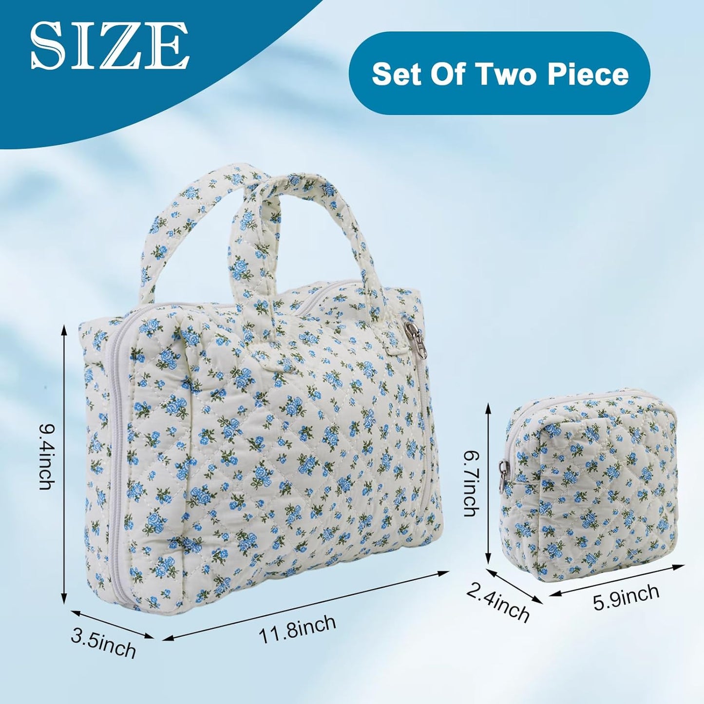Cute Quilted Floral Makeup Bag(2Pcs)，Coquette Aesthetic Cosmetic Bag，Travel Toiletry Bags， Kawaii Aesthetic pouch for Women (13-Blue)
