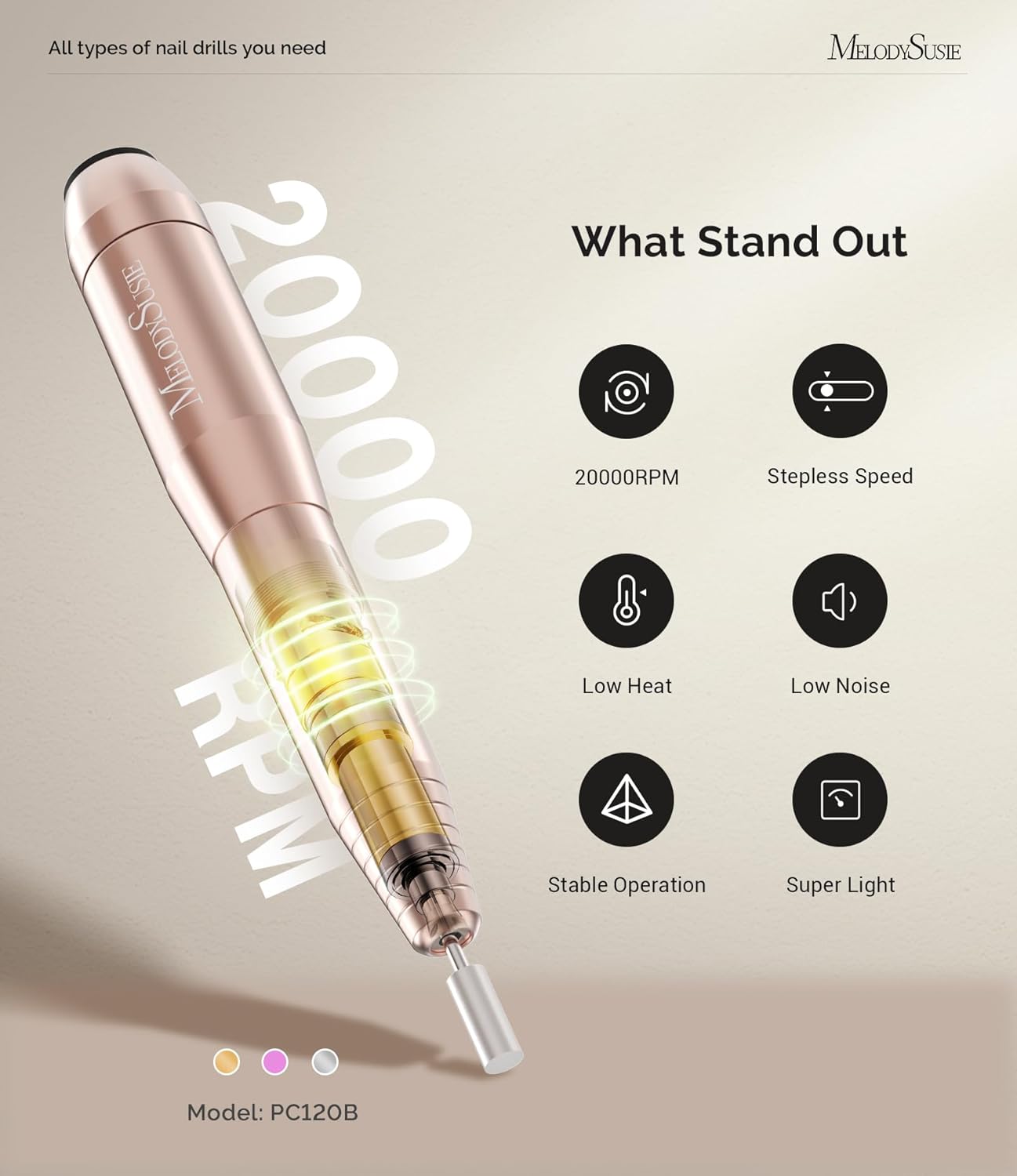 MelodySusie Portable Electric Nail Drill,PC120B Compact Efile Electrical Professional Nail File Kit for Acrylic, Gel Nails, Manicure Pedicure Polishing Shape Tools Design for Home Salon Use, Gold