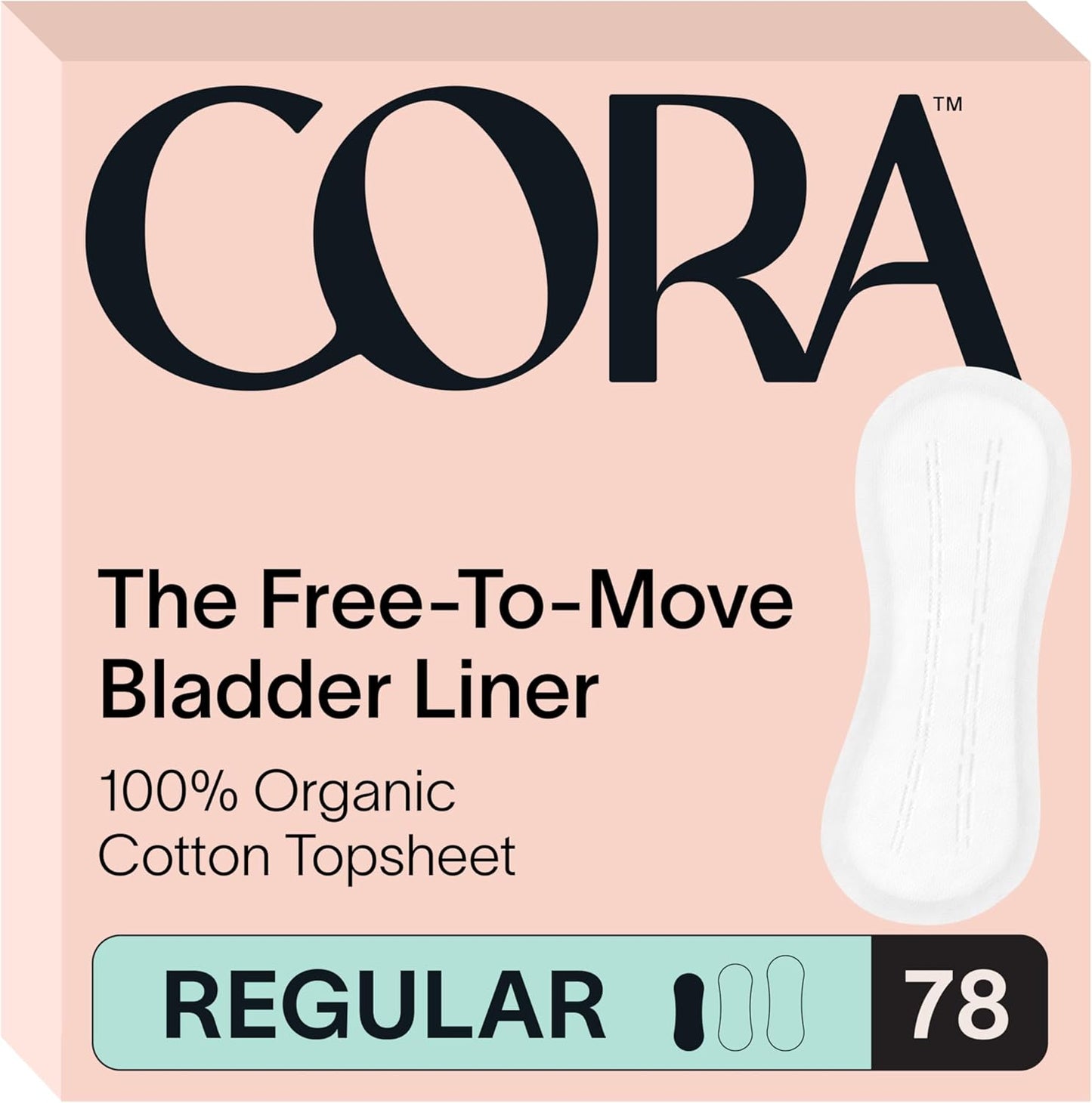 Cora Organic Bladder Liners | Ultra Thin Incontinence & Postpartum Pads for Women | Panty Liners for Bladder Leaks | Breathable Cotton (78 Regular)