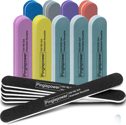 Nail Files and Buffers Kit, 15PCS Professional Emery Board Nail File for Natural & Acrylic Nails, Reusable with Washable 100/180 & 600/3000 Grit Nail Buffer Block Suit Home and Salon