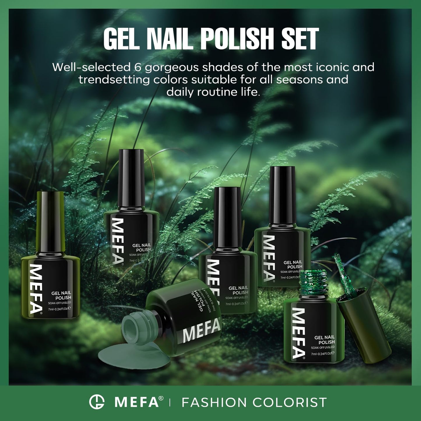 MEFA Green Gel Nail Polish, 6 Colors Green Glitter Nail Polish Gel Dark Avocado Sage Evergreen Sparkle nail Polish Set Soak Off Nail Art DIY Salon Manicure Nail Art Gifts for Women