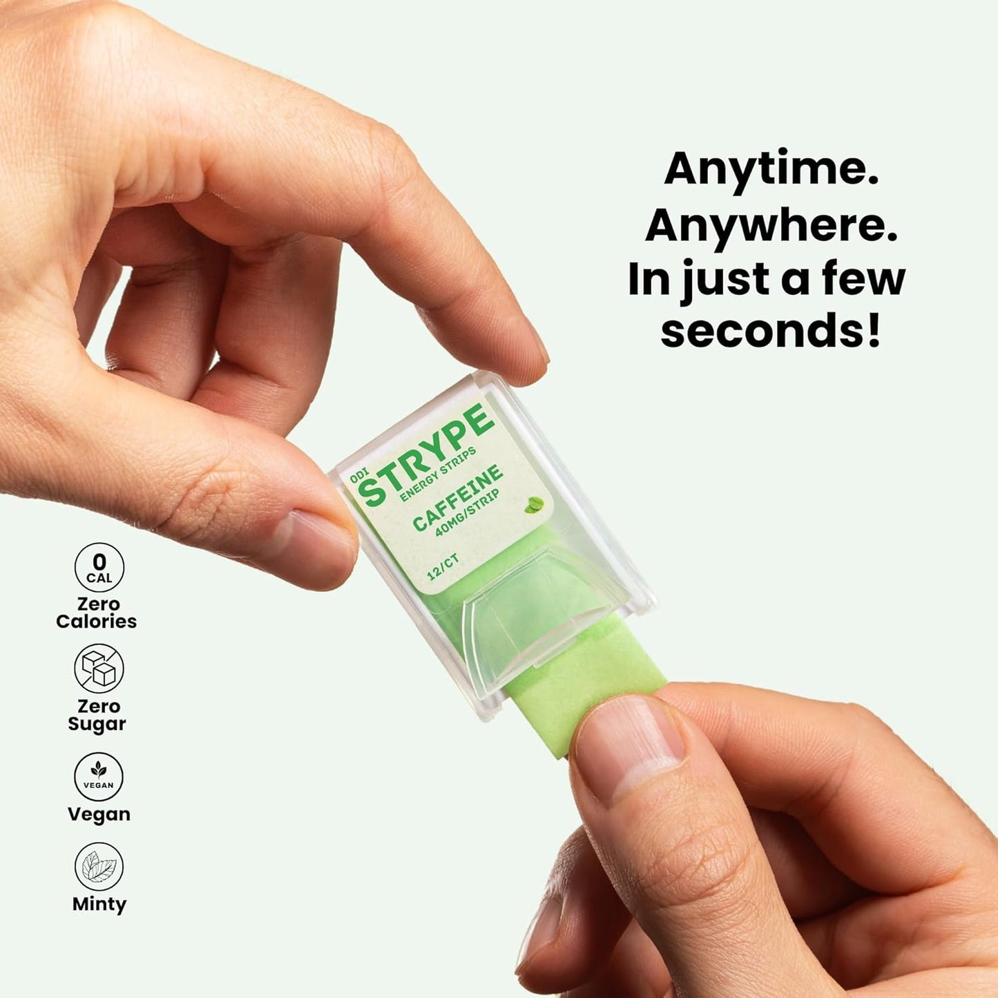 Energy Strips | Instant Caffeine in a Strip | 80mg per Serving | Portable Caffeine + Breath Mints | Zero Calories & Zero Sugar | Spearmint Flavor | 12 Strips per Pack