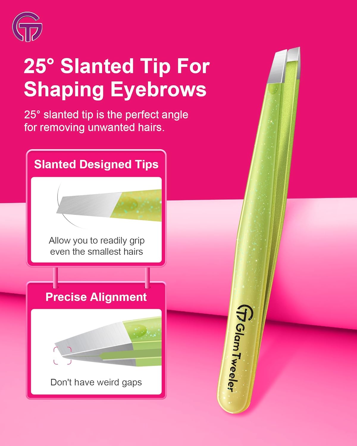 Expert Slant and Point Tip Tweezer Set with Exclusive Storage & Carrying Case, GlamTweeler Sharp & Precision Tweezer Set for Eyebrows, Facial Hairs & Fine Hairs Removal (Sparkle Apple Green + Silver)