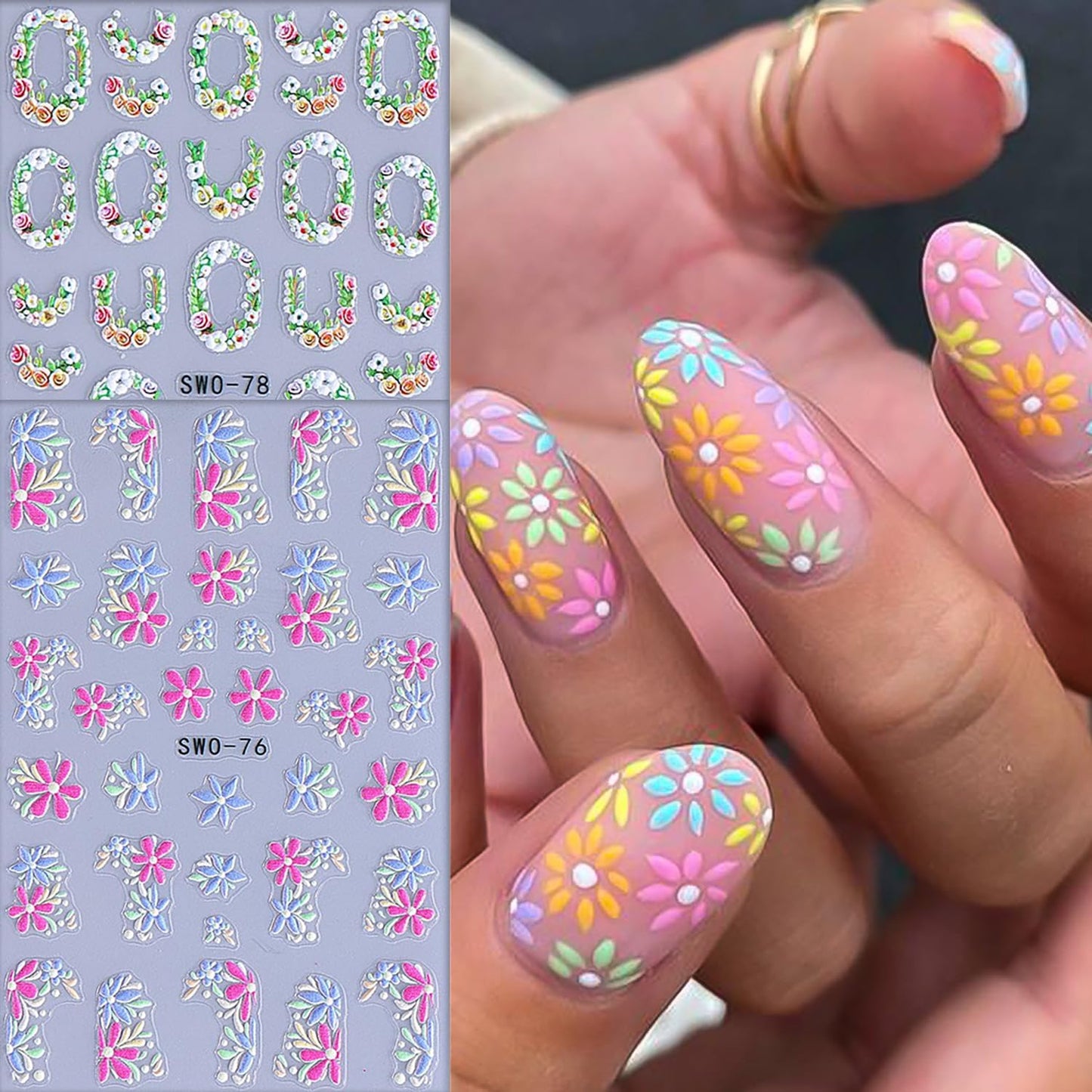 6 Sheets Flower Nail Art Stickers Rose Daisy Nails Art Decals 3D Self-Adhesive Nails Sticker Holographic Stereo Blossom Decal Decoration for Women Wreath Manicure Stickers DIY Nail Supplies