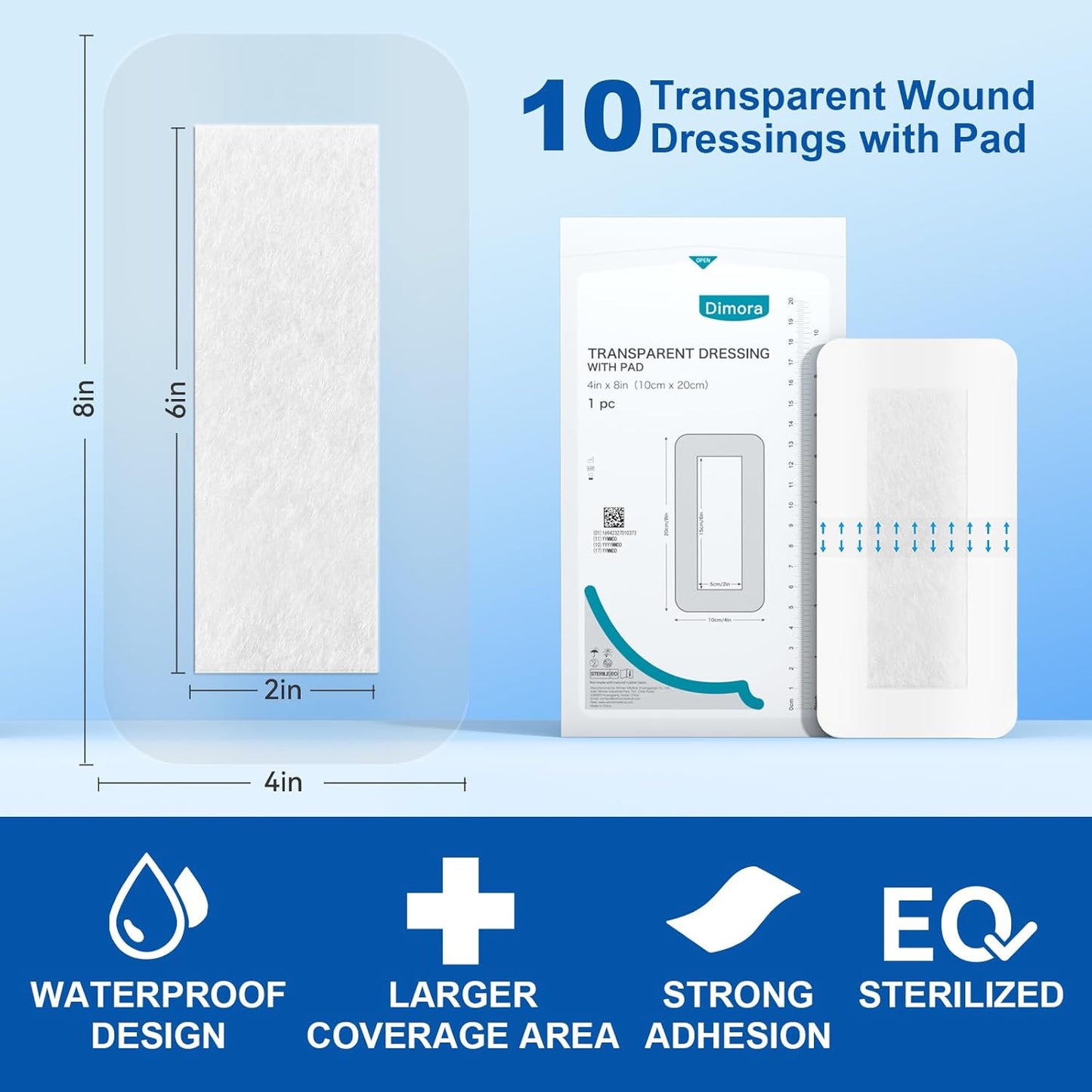 Dimora Waterproof Transparent Film Dressing with Pad, Large Clear Bandage Tape for Wound Care, Adhesive Post Surgical Cover Pad，for IV Shield, Tattoo Aftercare, Shower Protector 4x8 inch 10 Packs
