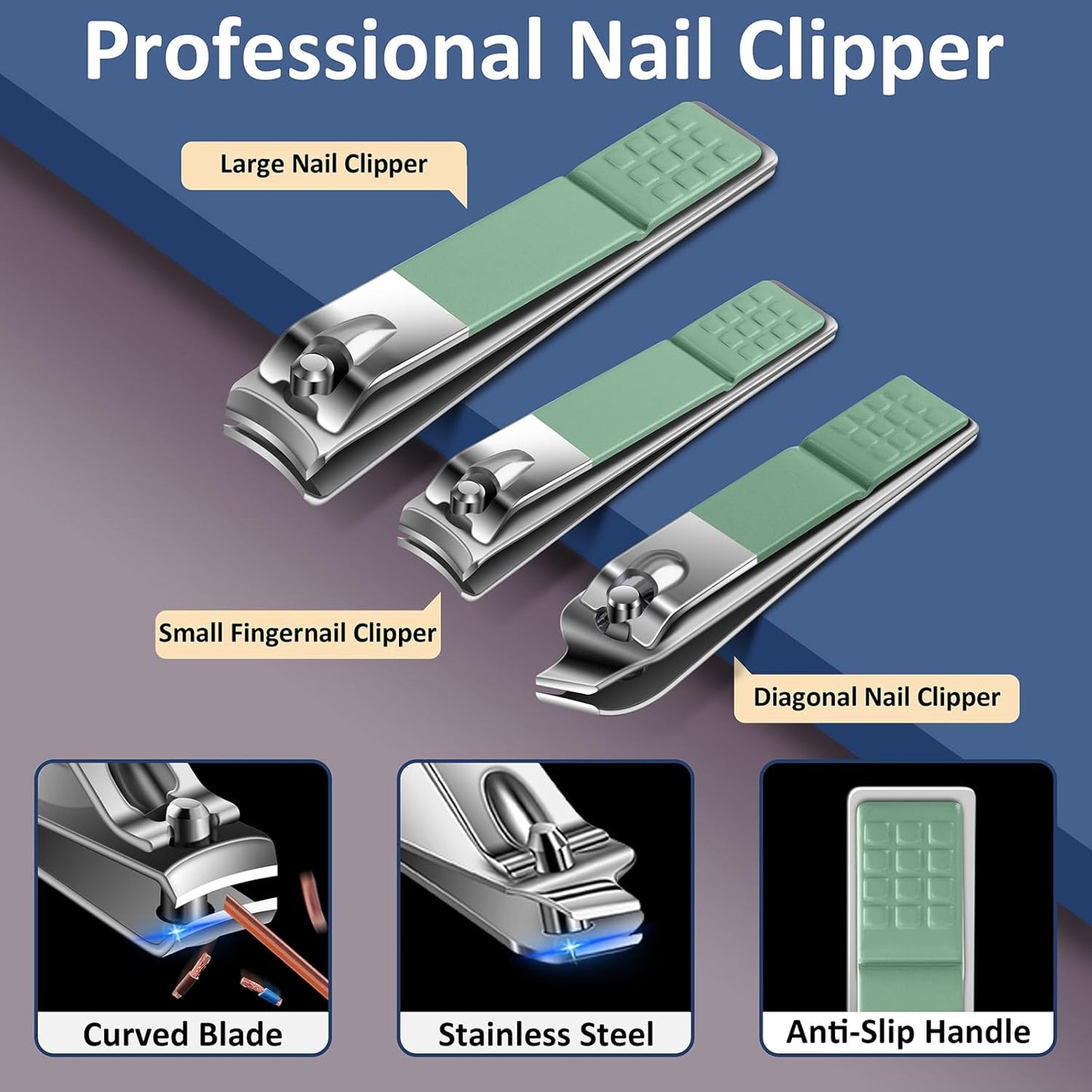 BLESWIN 10-Piece Nail Care Kit, Professional Manicure Set with Green Leather Case, Ideal for Women & Men