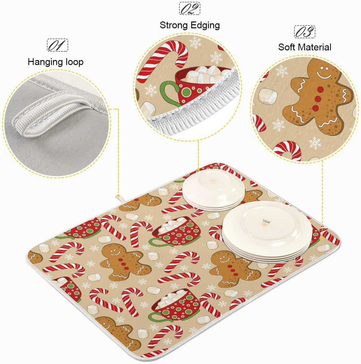 Christmas Gingerbread Man Candy Cane Dish Drying Mat for Kitchen Winter Snow Snowflake Snowman Xmas Microfiber Drying Mats Absorbent Reversible Dish Pad Medium Dish Draining Mat 16x18 inch