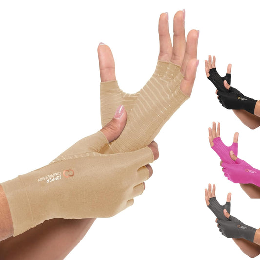 Copper Compression Arthritis Gloves | Fingerless Arthritis Carpal Tunnel Pain Relief for Men & Women | Hand Support Wrist Brace for Neuropathy, Rheumatoid, Tendonitis, Swelling, Crocheting, Typing Nude (XS)