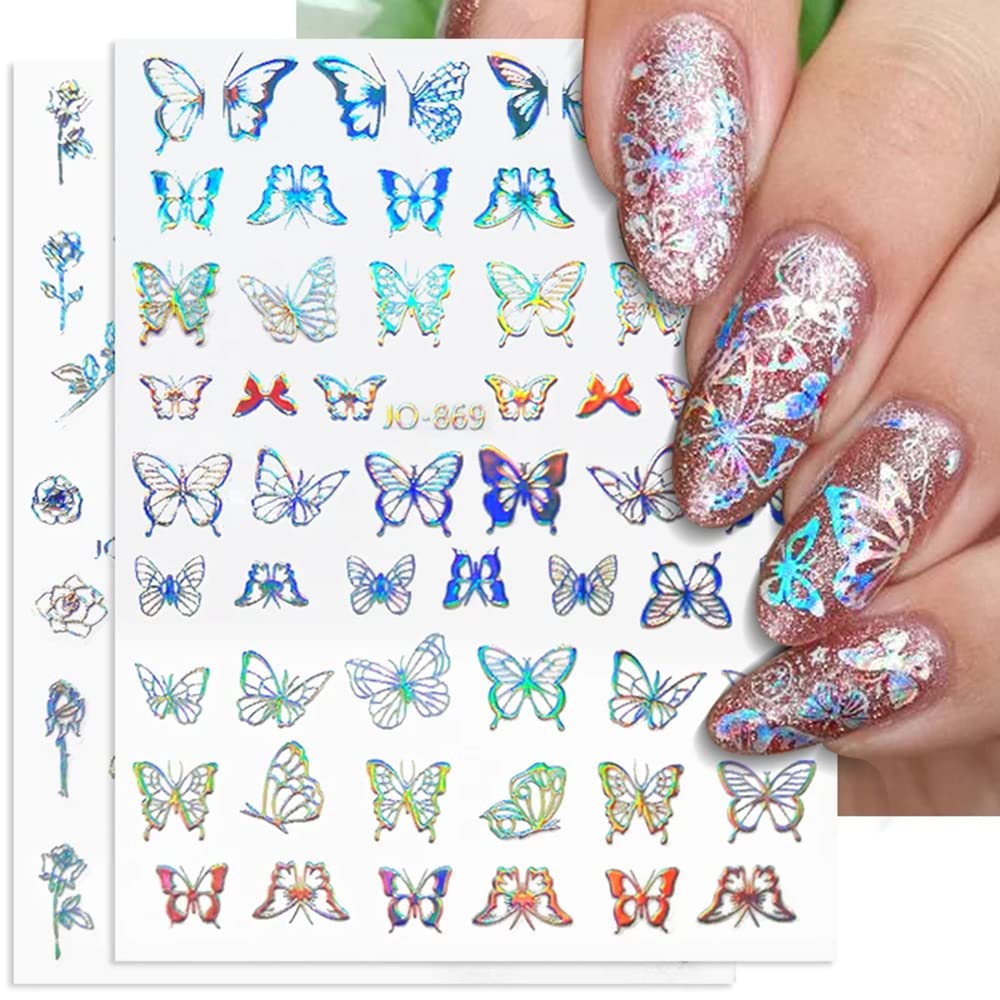 8 Sheets Aurora Silver Heart Nail Decals 3D Self Adhesive Design Star Stickers Holographic Butterfly Flame Nail Stickers for Women Girls DIY Manicure Tips Decoration
