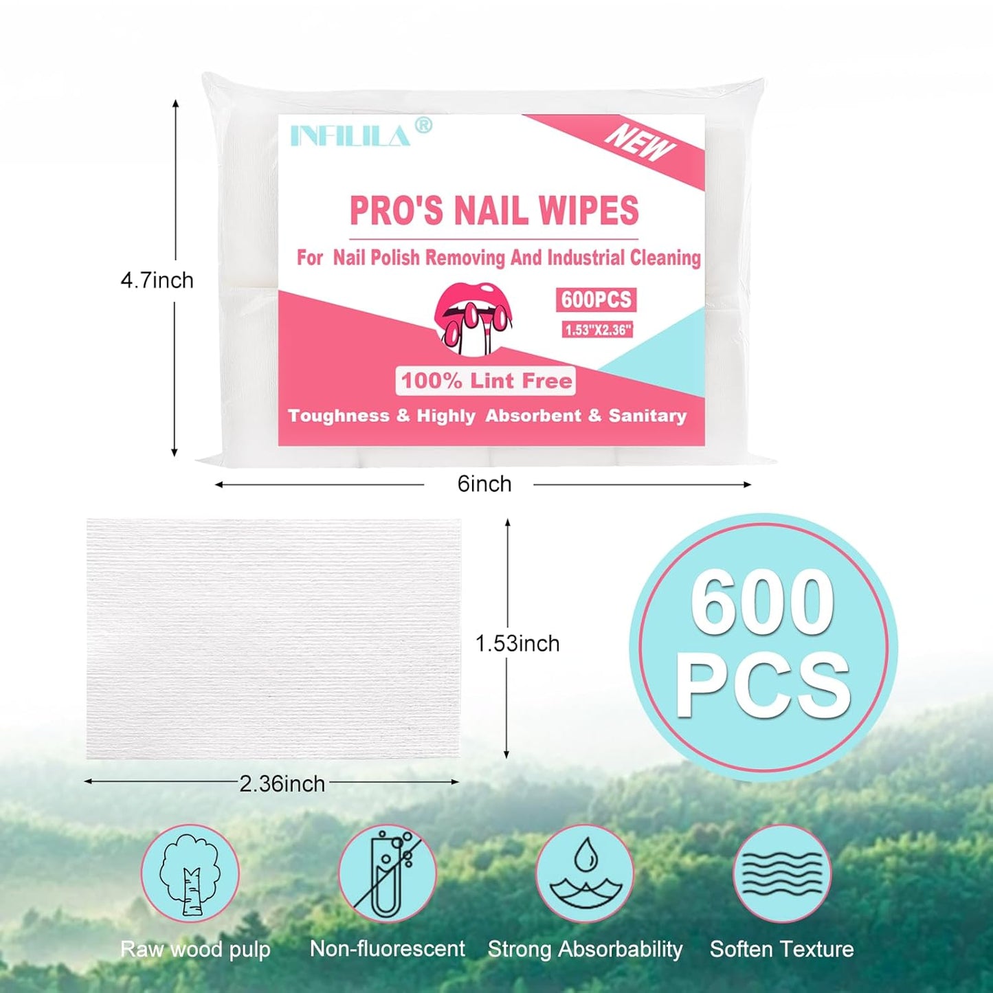 NXJ INFILILA Lint Free Nail Wipes, 600CS Natural Wood Pulp Nail Prep Wipes, Absorbent Acetone Nail Polish Remover Lash Extensions Glue Nail Cleaning Pads for Salon Supplies