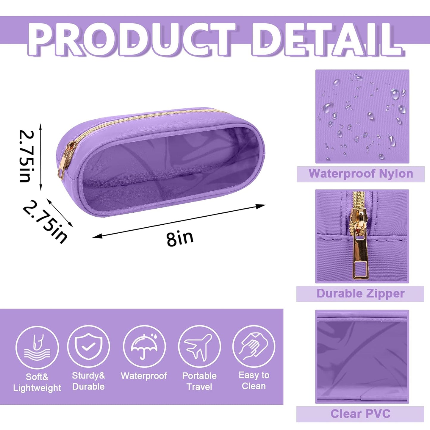 Clear Small Pencil Pouch Makeup Bag for Purse,Nylon&PVC Pencil Case Waterproof Makeup Brush Holder with Zipper,Preppy Transparent Pen Bag Travel Cosmetic Bag for Women Men Office(Slim-Purple)