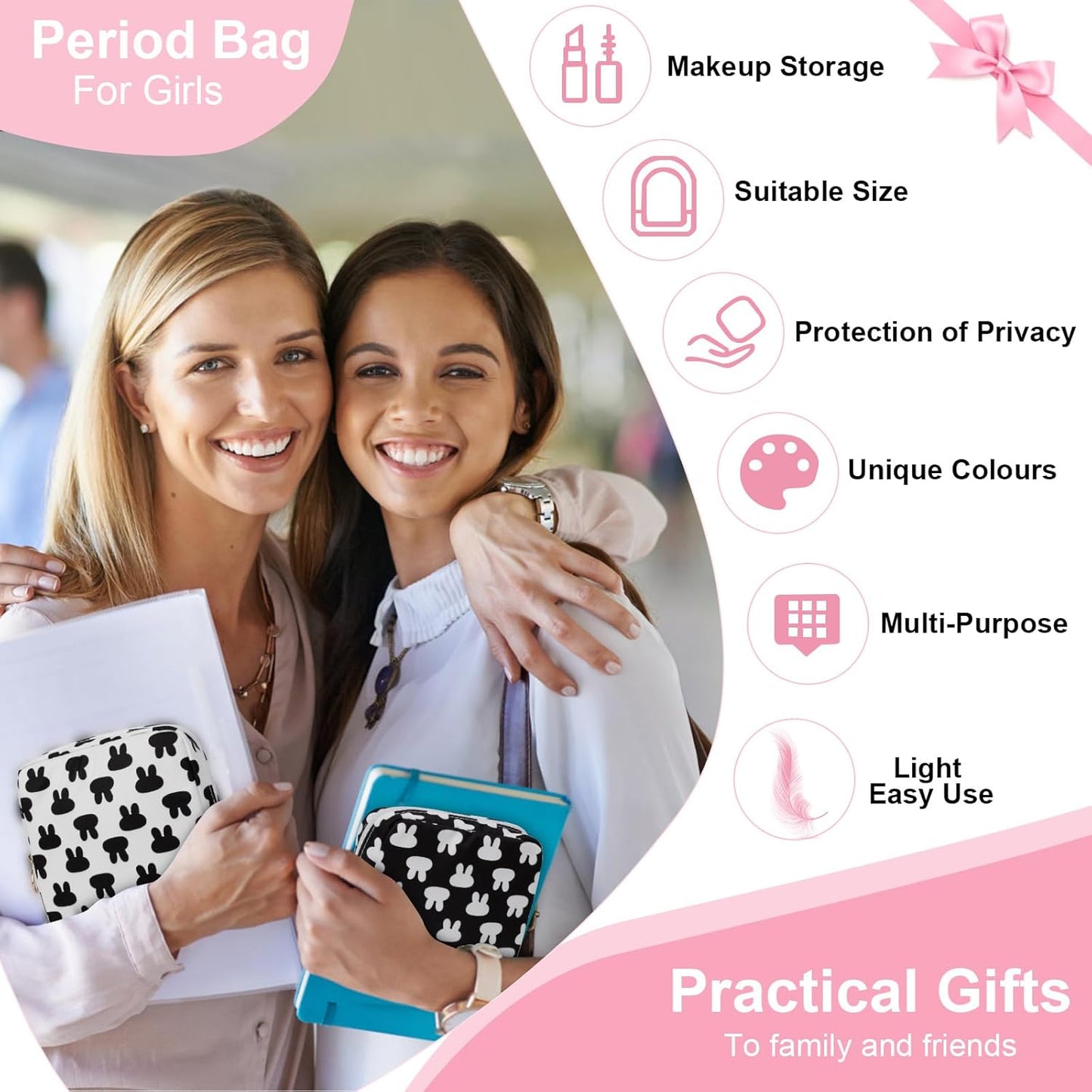 Desing Wish Period Bag Pouch Soft Cloth Sanitary Napkin Storage Bag Portable Menstrual Pad Pouches Tampon Holder for Purse First Period Kit for Girls 9-12 (Black Rabbit)