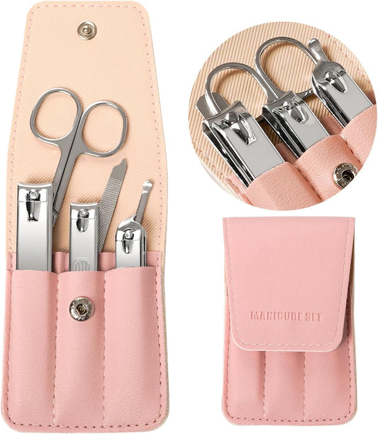 Premium Stainless Steel Nail Clippers Set - Travel Grooming Kit, 6pc Manicure/Pedicure Tools with PU Case - Unisex Gift for Men and Women(D-PinkA)