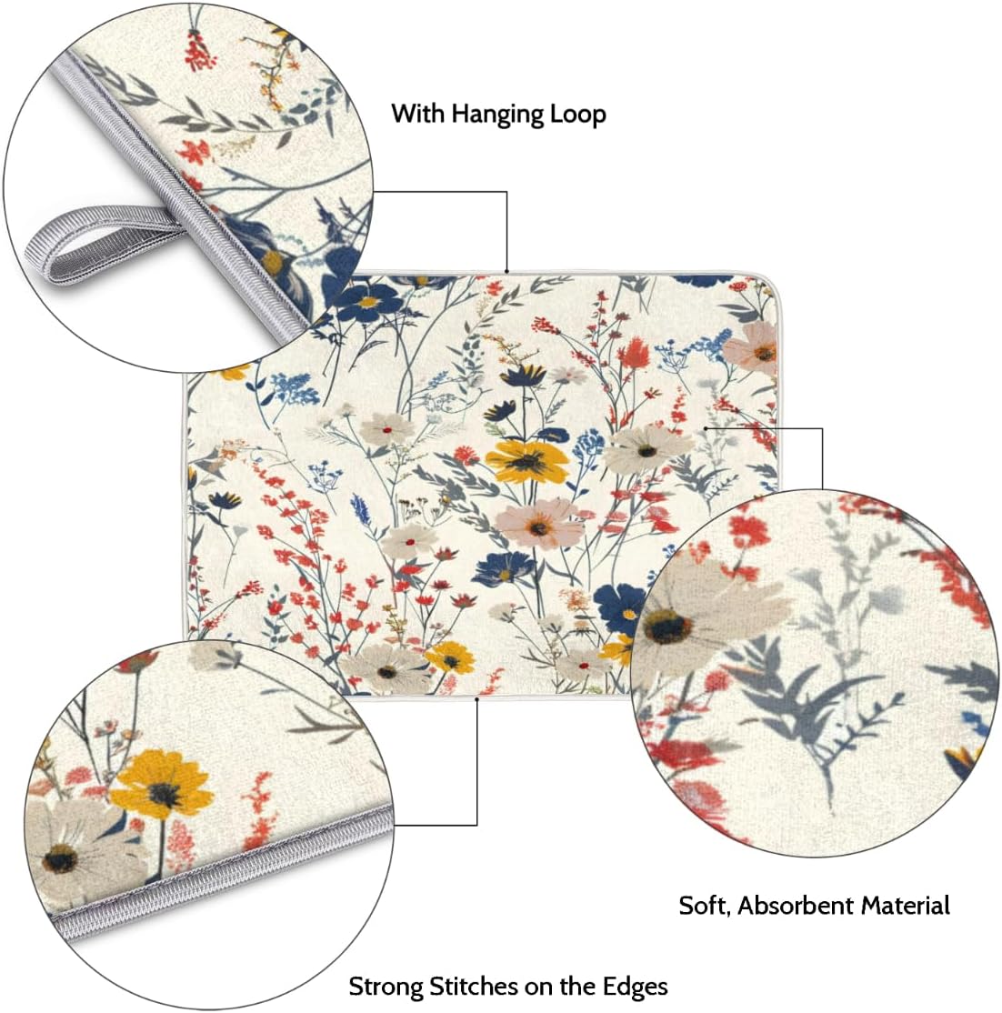 Hexteria Flower Dish Drying Mat for Kitchen Counter, Accessories Dish Rack Mat Drainer Pad Washable Microfiber Drying Mat, Vintage Plants Herbs Floral