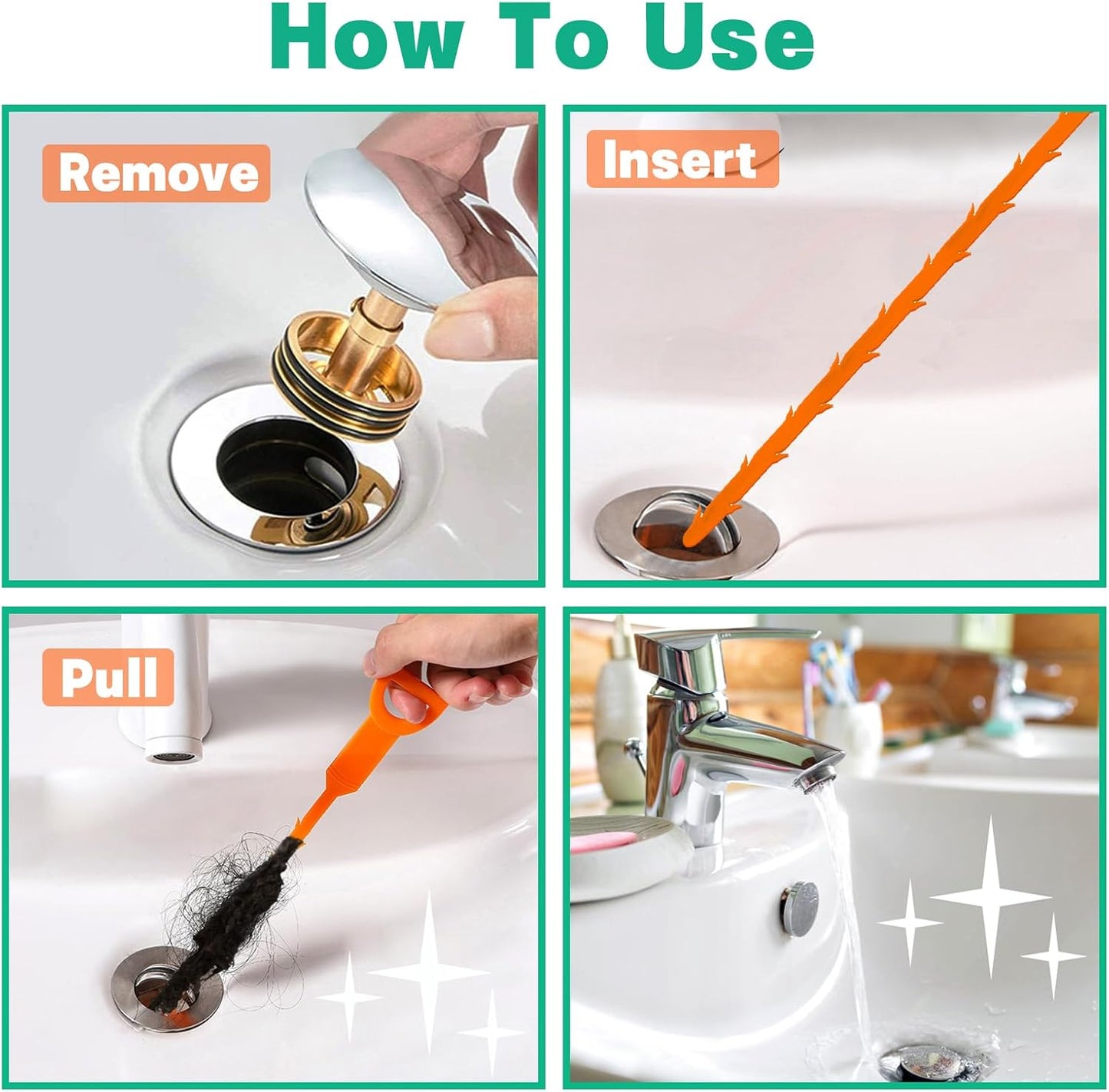 Drain Snake Hair Drain Clog Remover - 4 Pack Shower Snake Sink Unclogger Tool with Exquisite Packaging (Orange)