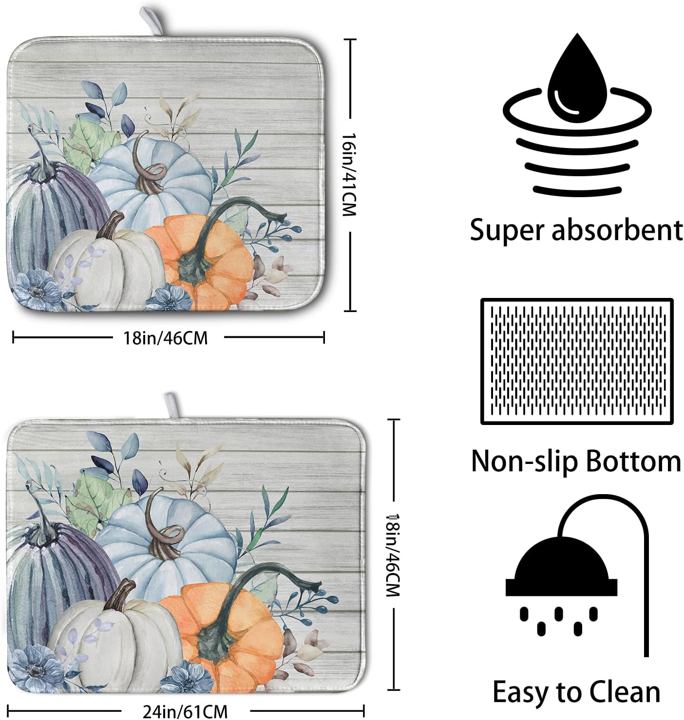 Fall Blue Orange Grey Pumpkin Kitchen Dish Drying Mat for Kitchen Counter 18x24 Inch Autumn Teal Flowers Drying Mat Thanksgiving Harvest Dish Drainer Mat Super Absorbent Dish Rack Pad for Coffee Bar