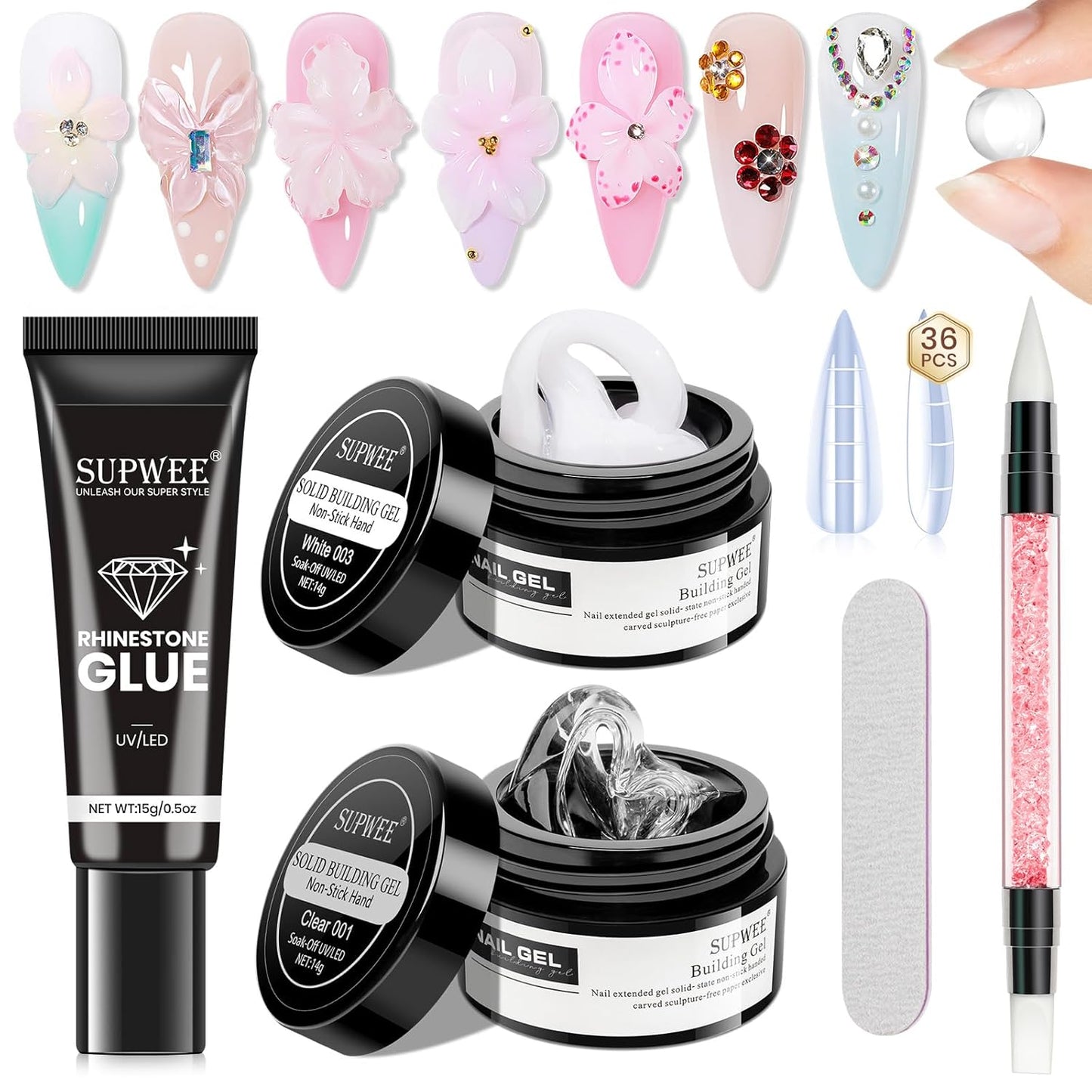 3d Nail Sculpting Gel Set: Clear White Solid Builder Gel for Nails, Nail Rhinestone Glue for 3d Nails Art Sculpture Molding Carving Extension All-in-1 Kit for Home DIY Manucure