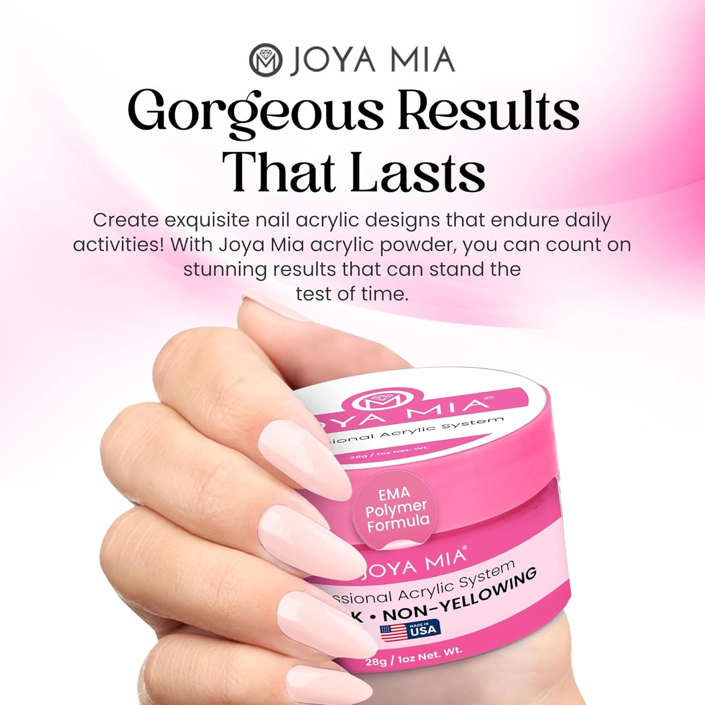 Joya Mia Acrylic Powder for Nails, MMA-Free, Super Adhesion Professional Powder for Flawless & Long-Lasting Nail Enhancements, Easy Application, Vibrant & Stunning Colors - Soft Pink, 1 oz