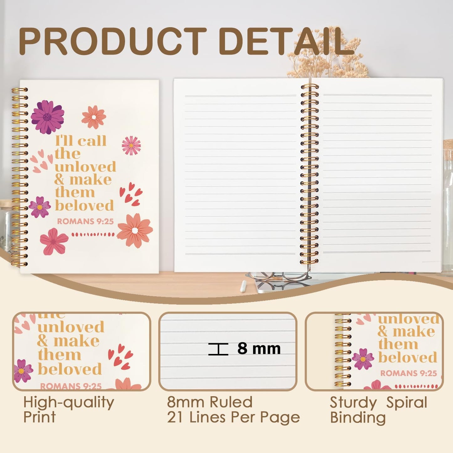 Floral Christian Spiral Journal Notebook 5.5x8.3in, Romans 9:25 Inspirational Bible Prayer Journal for Woman, Christian Gifts for Women Notebooks for Note Taking, Hardcover Notebook