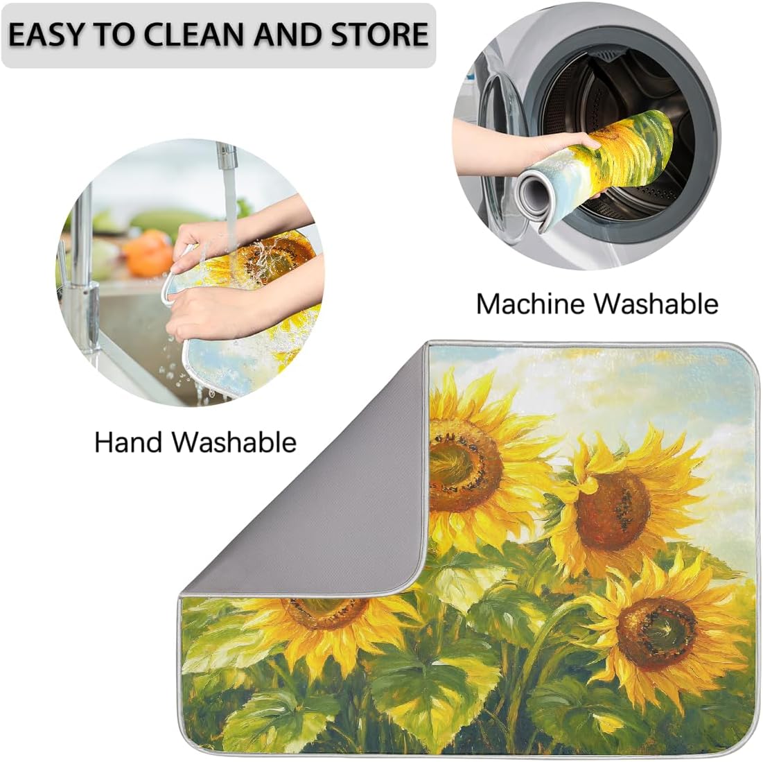 Dish Drying Mat Oil Painting Yellow Sunflowrs Large Drying Mat for Kitchen Counter 18x24in Absorbent Dish Drainer Rack Pad, Heat Resistant Coffee Bar Mats Countertop Protector