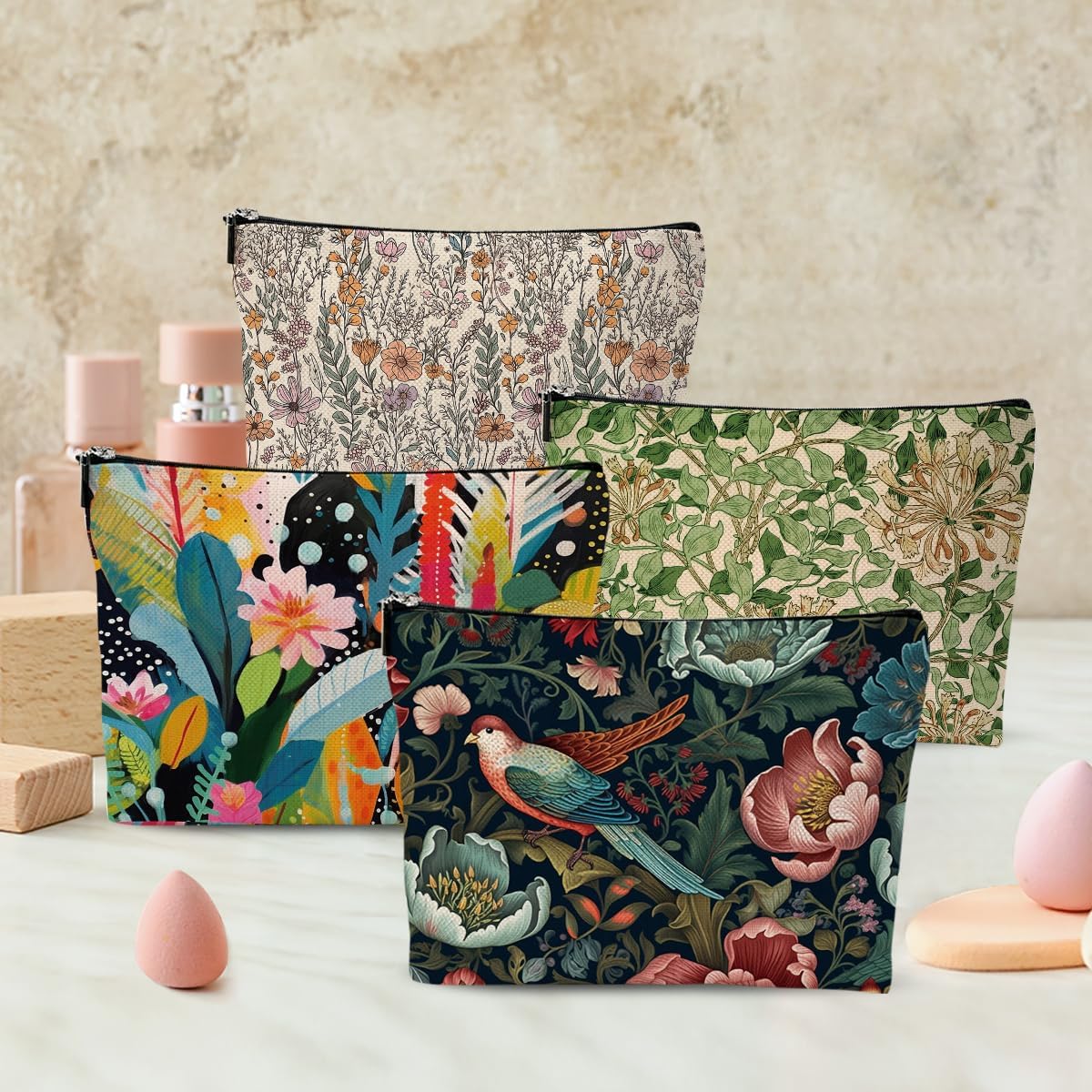 4 Pcs Cosmetic Bags for Women Makeup Bag, Thank You Gifts Christmas Birthday Friendship Gifts for Girls Friends Bestie Grandma Teacher Travel Toiletry Bag, Vintage Abstract Botanical Flower Bird