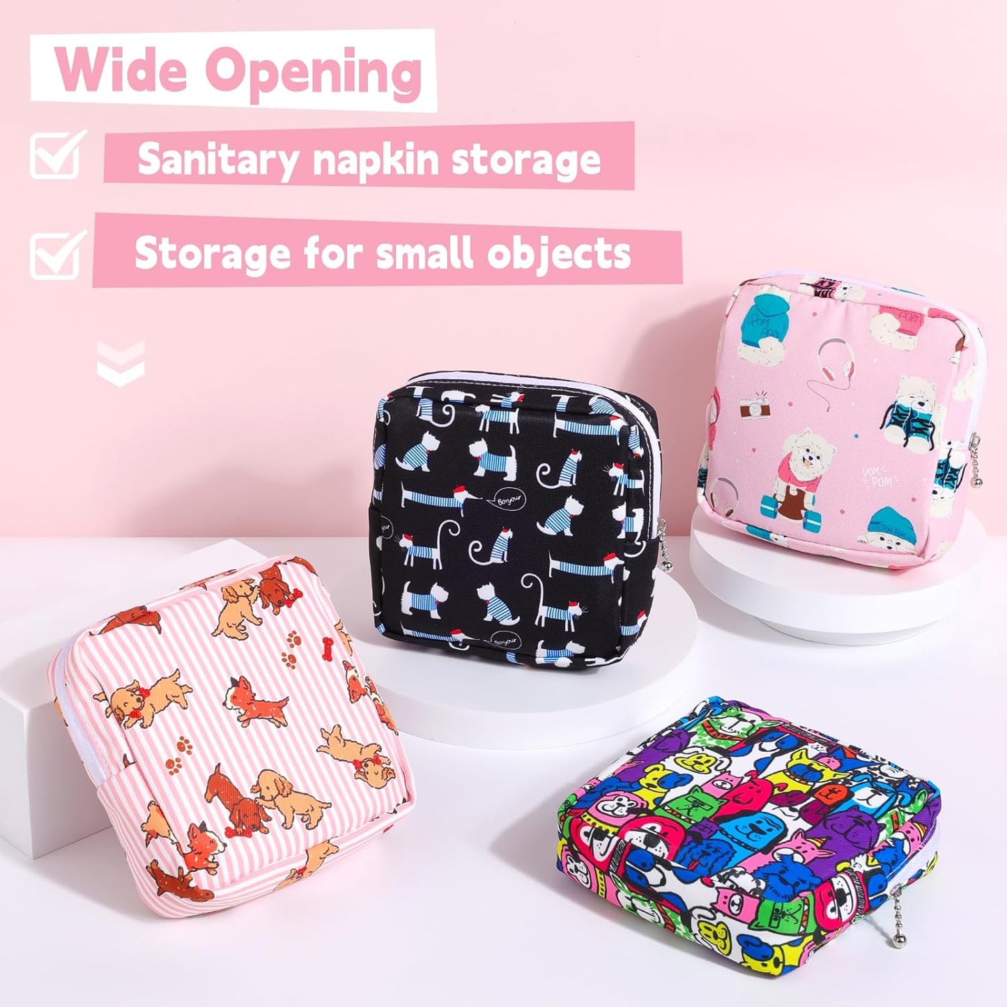 Desing Wish Sanitary Pad Storage Bag Portable Period Bag for Teen Pads/Sanitary Napkins/Small Tampons, Sanitary Napkin Storage Bag First Period Gifts for Teen Girls (Pink Striped Dog)