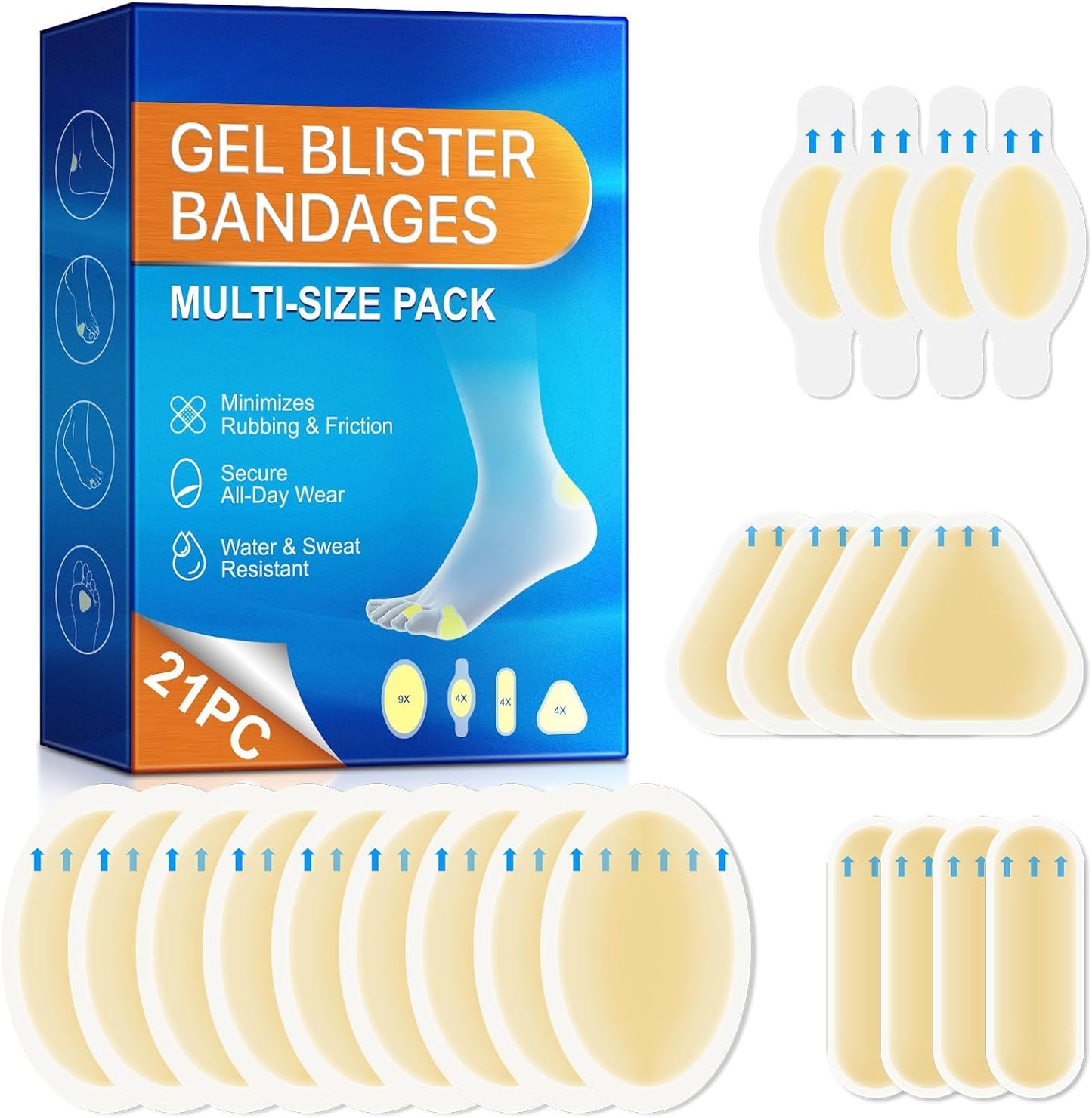 Gel Blister Bandages 21ct, Waterproof Hydrocolloid Blister Bandages for Foot Wound Quick-Healing Blister Cushions for Toe Heel All-Day Prevention, Variety Combo Pack