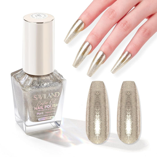 SAVILAND Color Artistry Champagne Gold Nail Polish - 7 Days Shimmer Holographic Metallic Glitter Fingernail Polish Sparkle Shiny Nail Lacquer for Toe Salon Manicure DIY Nail Art Home