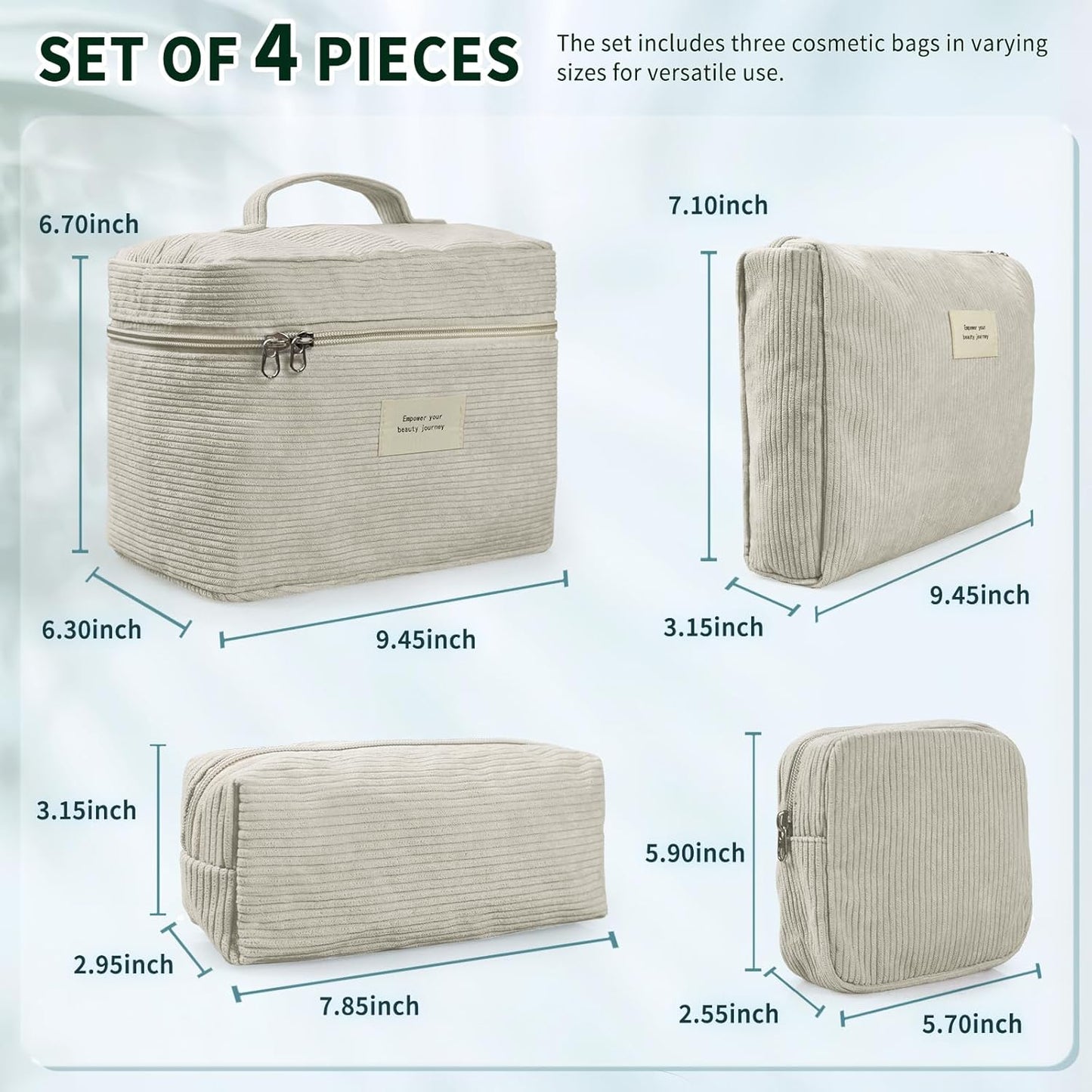 4 Pcs Makeup Bag for Women Corduroy Cosmetic Bag Aesthetic Cute Bags Multi Size Purse Pouch Travel Toiletry Bag Set Makeup Organizer with Zipper(BeigeCorduroy)