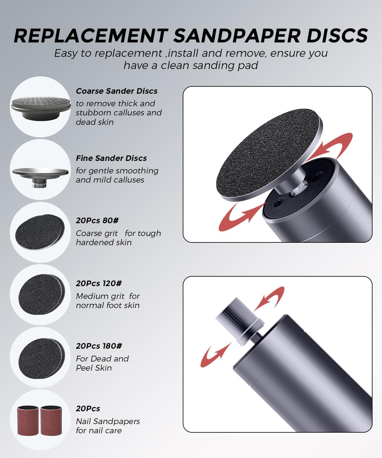 Electric Foot Callus Remover with Nano-Glass Head & 60pcs Sandpaper Discs(3 Sizes),2 in 1 Cordless Aluminum Callus Remover for Feet and Nail Care,Adjustable Speed Pedicure Tools for Dead Skin-Grey