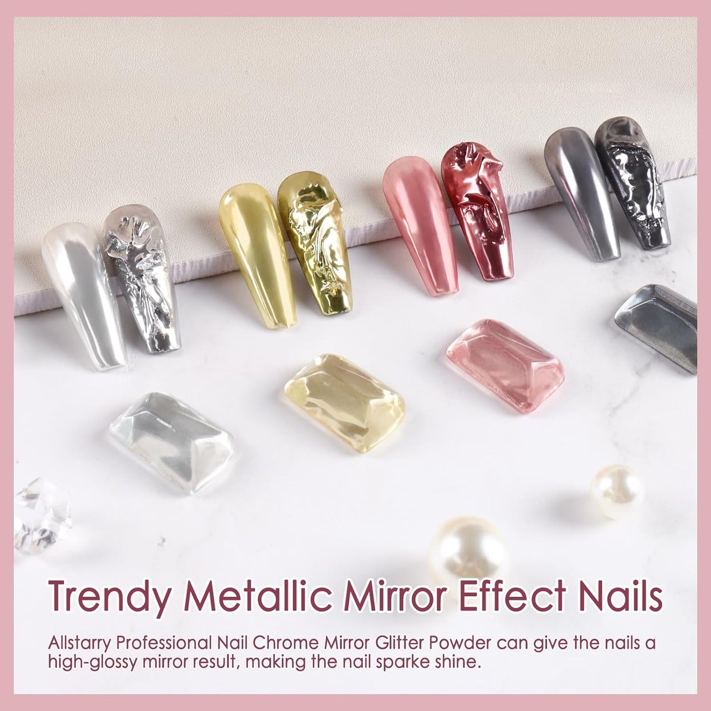 Allstarry Gold and Silver Chrome Nail Powder, 4 Colors Metallic Effect Mirror Chrome Powder Pigment Holographic Manicure Pigment Gold Siver Pink Chrome Nail Glitter