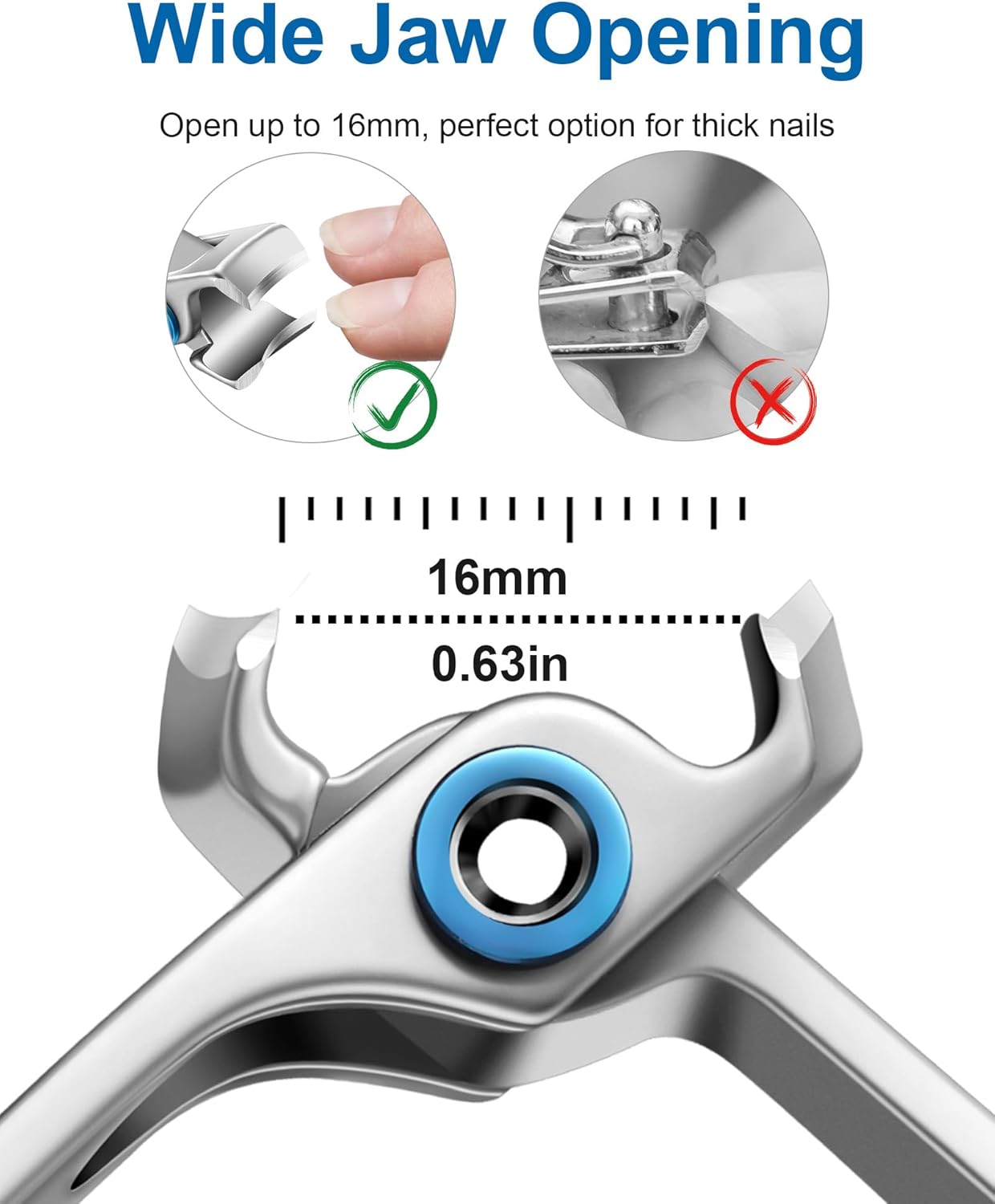 Nail Clippers for Men Thick Nails, Ultra Sharp Sturdy Large 16MM Wide Jaw Opening Fingernail and Toenail Clippers for Seniors & Adults (Silver)