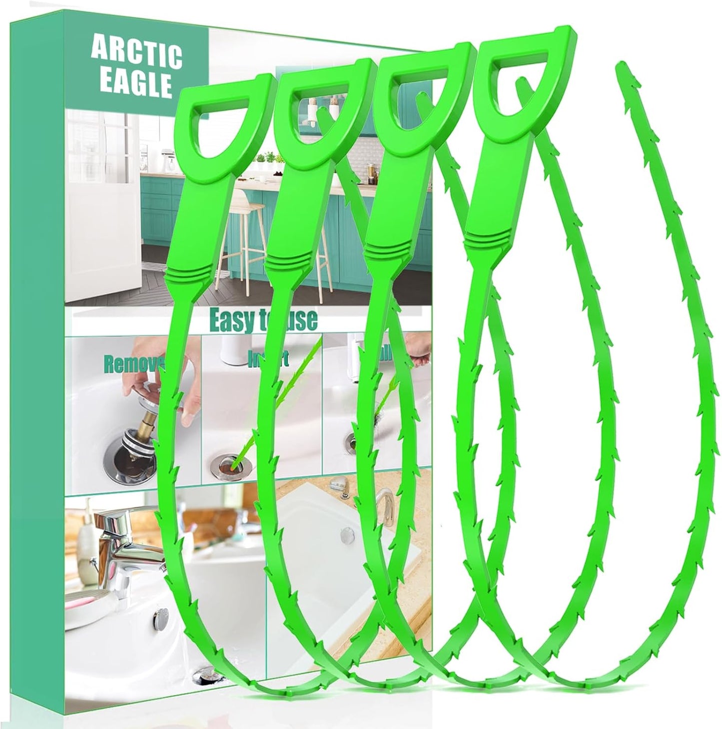 Drain Snake Hair Drain Clog Remover - 4 Pack Shower Snake Sink Unclogger Tool with Exquisite Packaging (Green)