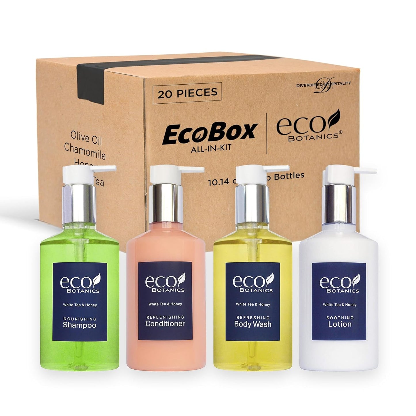 1-Shoppe Eco Botanics 20 Piece Ecobox All-In-Kit | White Tea and Honey Soap | 6 Shampoo, 4 Conditioner, 6 Body Wash & 4 Lotion | 10.14oz Hotel Soaps and Toiletries Bulk | Personal Care Products