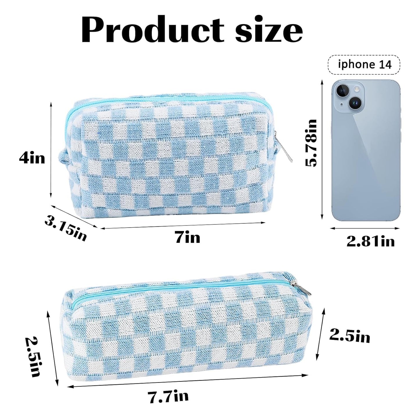 2Pcs Checkered Pencil Case Cute Pencil Pouch for Teens Checkered Makeup Bag Travel Cosmetic Bag Set Cute Makeup Pouch for Purse Portable Zippered Skincare Bags Preppy Toiletry Bags Organizer(Blue)