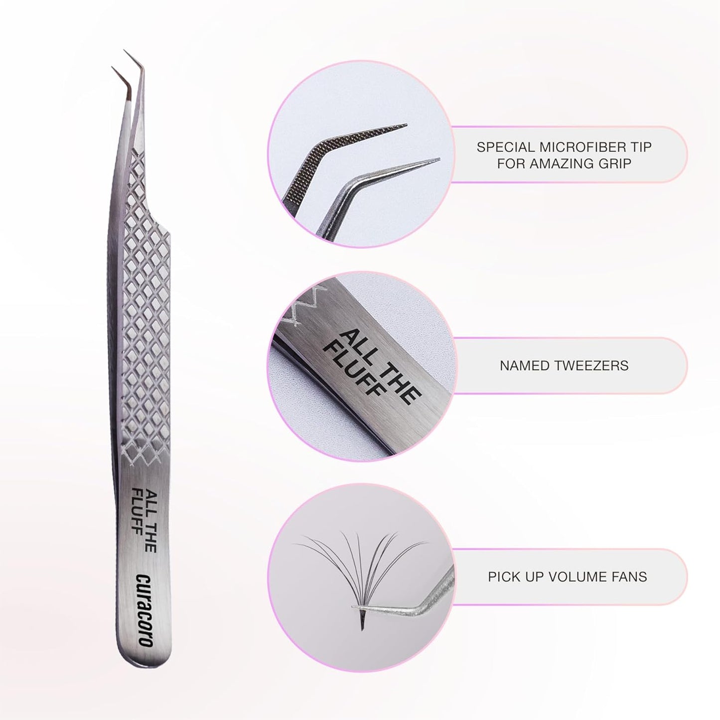 Curacoro Lash Tweezer - Professional & Precision Fiber Tip Grip Lash Tweezers for Eyelash Extensions, Multi Shapes & Purposes Tweezers for Volume, Isolation & Classic Lashes (Silver, All The Fluff)
