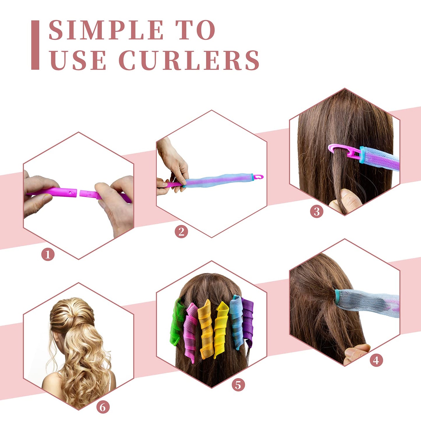 60pcs Heatless Hair Curlers Spiral and Wave Styling Kit 2 Styles No Heat Curlers with 2 Pieces Hooks for Women Girl's Short Medium and Long Hair((12 Inch/30 cm)