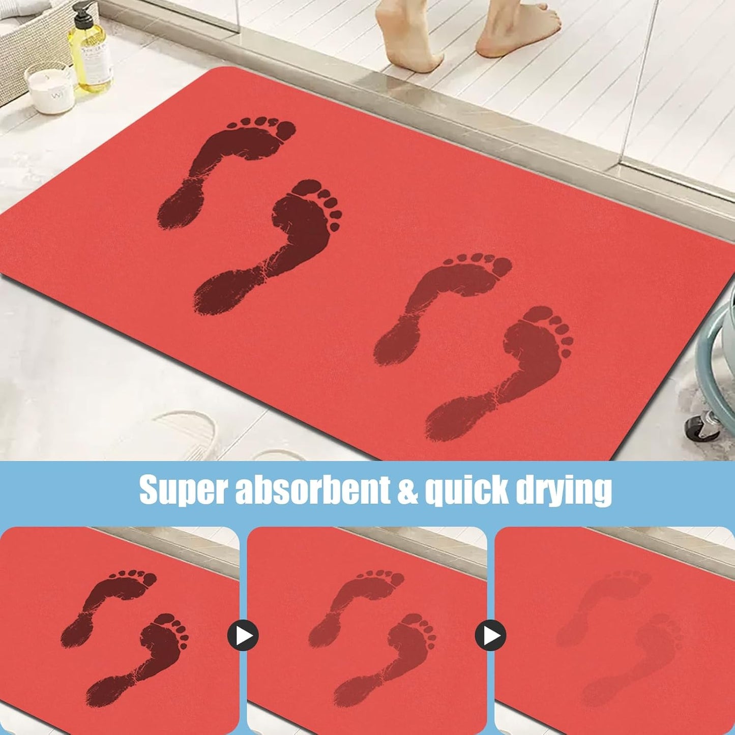 Diatomaceous Earth Bath mat Bathroom Rugs Super Absorbent Quick Dry Non Slip Bath Mat Thin Bathroom Floor Mats Fit Under Door-Shower Rug for in Front of Bathtub Shower, Red, 15.7"x35.4"