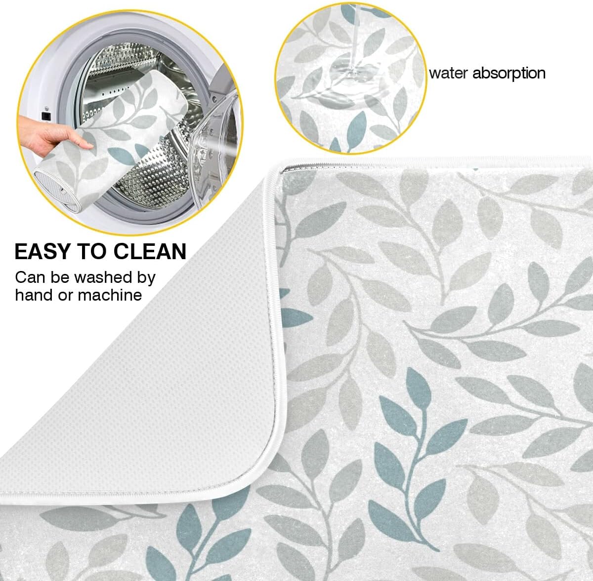 Grey and Blue Leaves branches Dish Drying Mat 18x24 for Kitchen Gray Leaves Botanical Spring Flowers Dishes Pad Dish Drainer Rack Mats Absorbent Fast Dry Kitchen Accessories